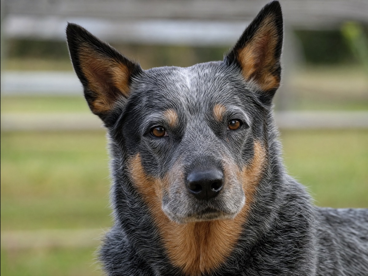 Primer plano del rostro alerta de un Australian Cattle Dog, con ojos marrones penetrantes y orejas erguidas