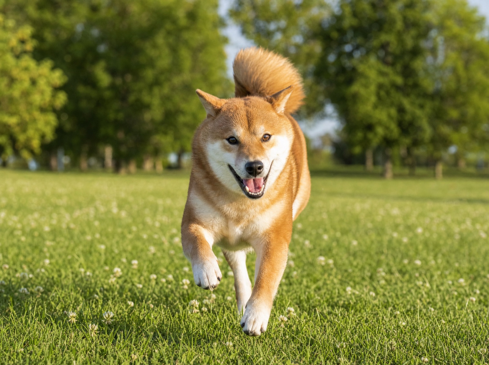Shiba Inu running at full speed across a park meadow