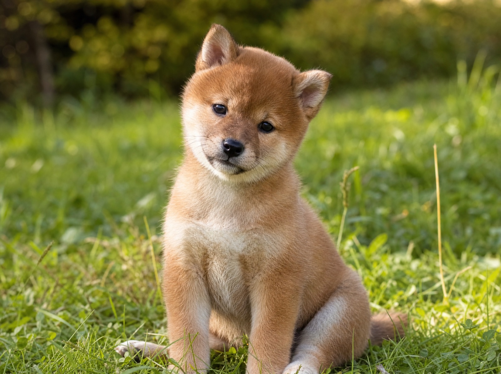 Eight week old Shiba Inu puppy sitting in green grass