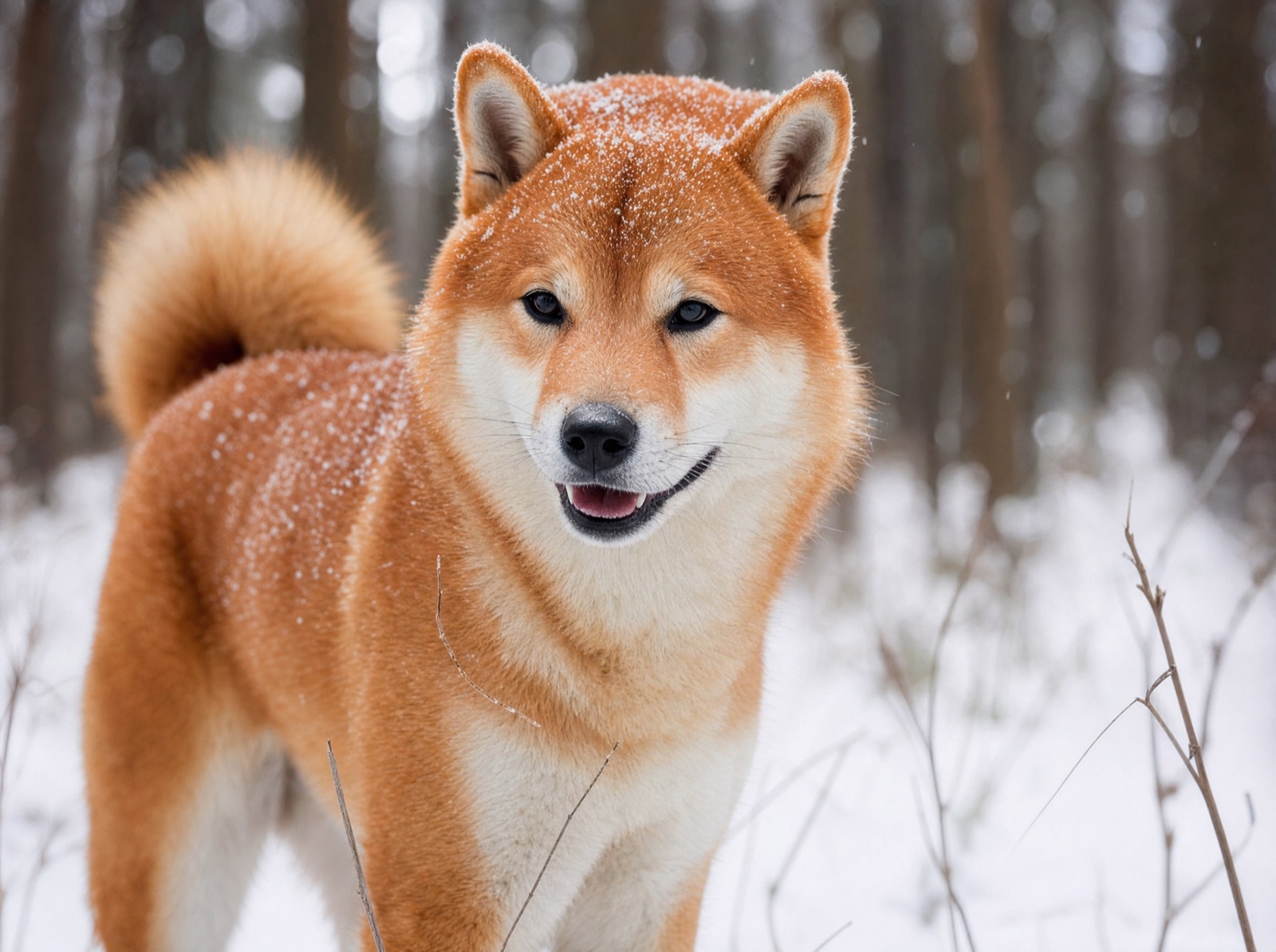 Red Shiba Inu in fresh snow with snowflakes on its fur