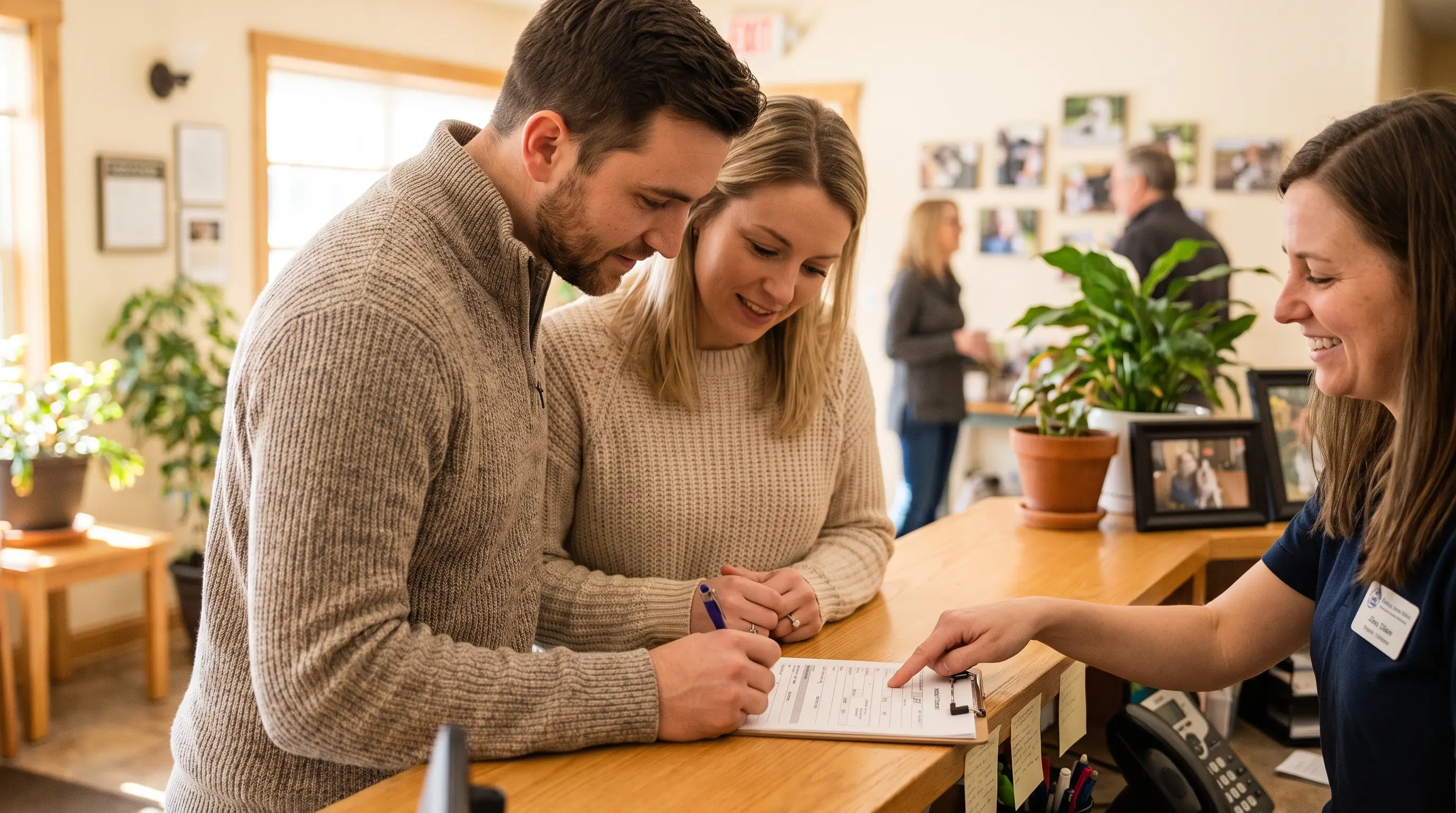 Una pareja rellenando un formulario de adopción en el mostrador de una protectora, con un trabajador amable