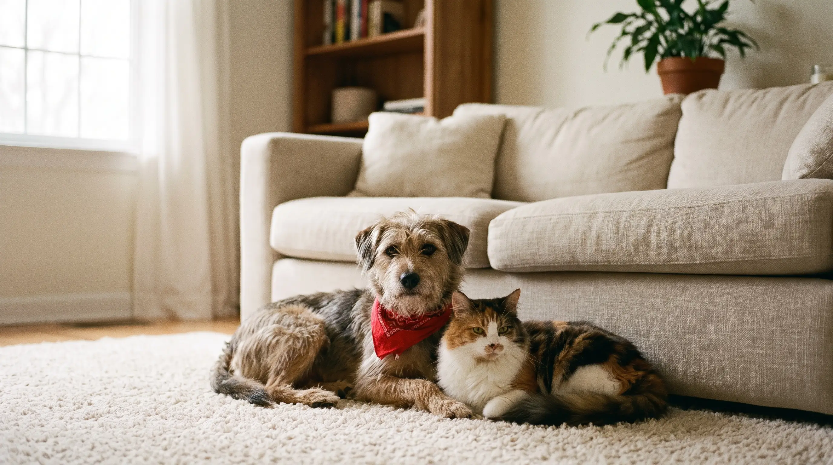 Un perro y un gato recién adoptados que se acomodan tranquilos en un hogar acogedor