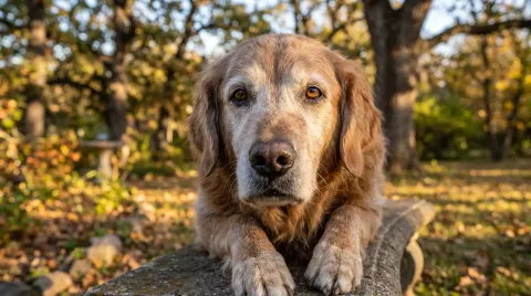 A greying senior dog with a gentle, wise face resting in warm afternoon light
