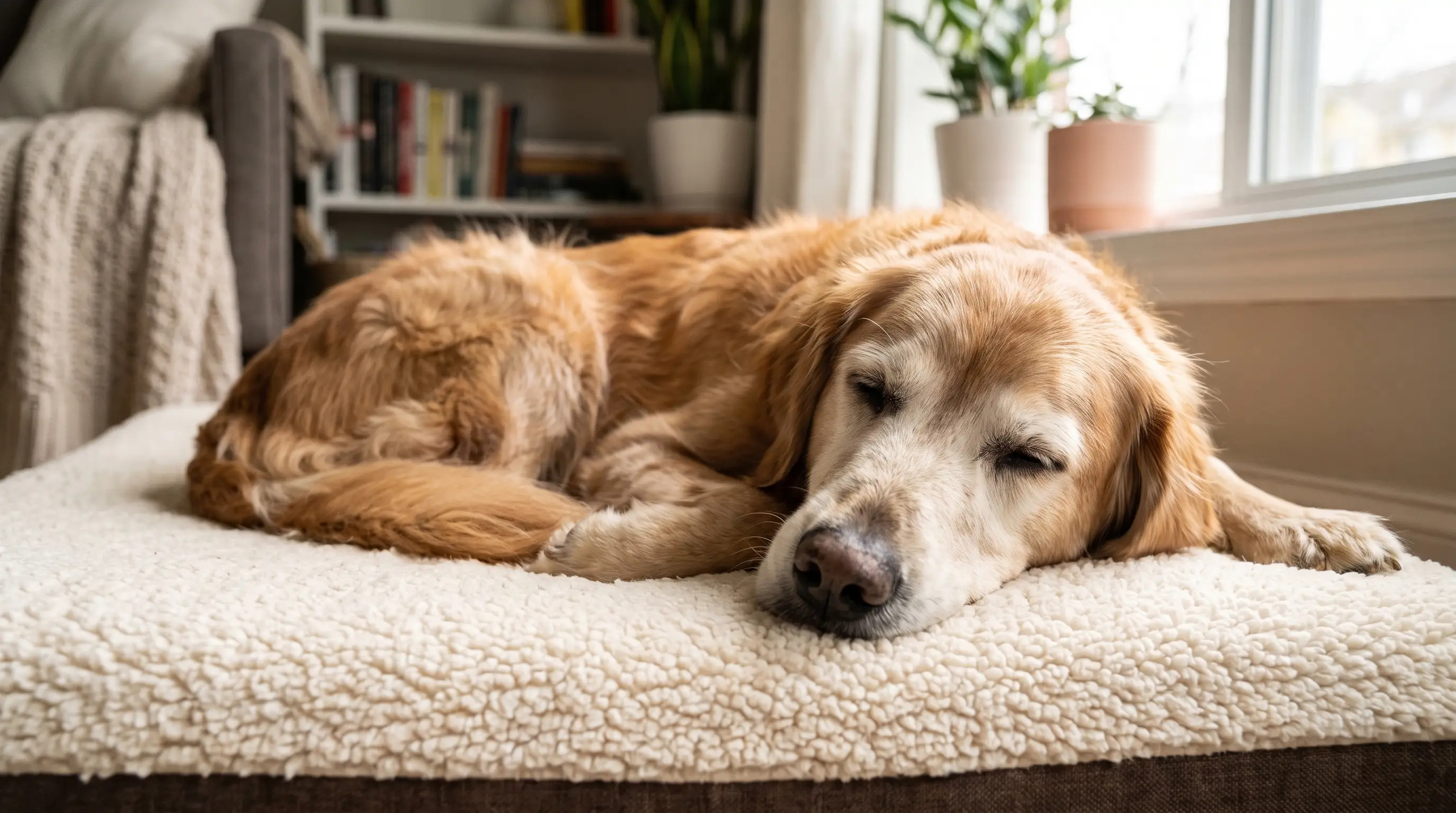 Un perro mayor tranquilo descansando en una cama ortopédica blandita