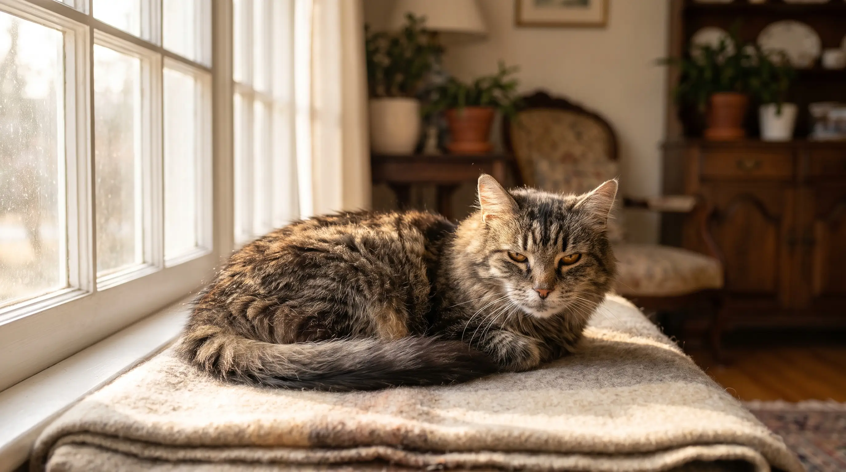 Un gato mayor sereno tumbado en un rincón cálido y soleado