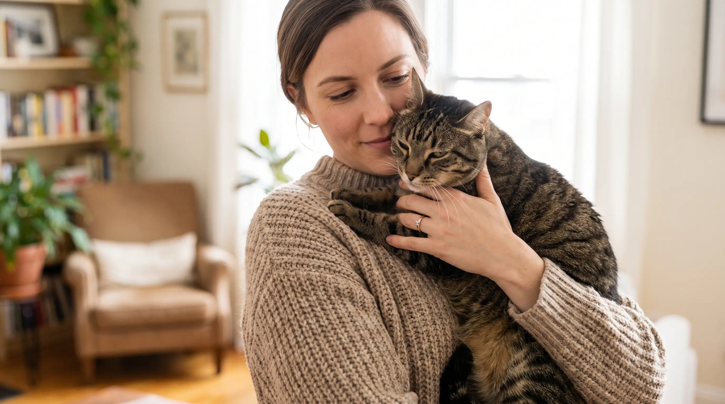 A woman cradling a relaxed tabby cat that nuzzles into her neck in warm indoor light