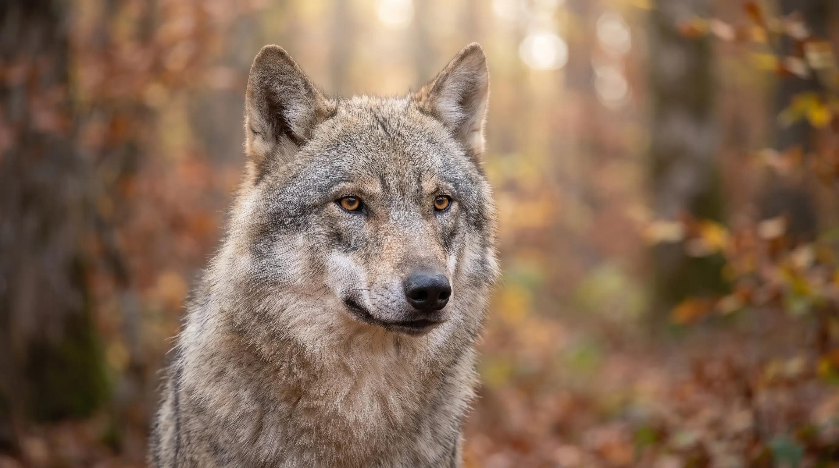 Close portrait of an Apennine wolf showing the greyish-fawn coat, dark facial mask and pale throat