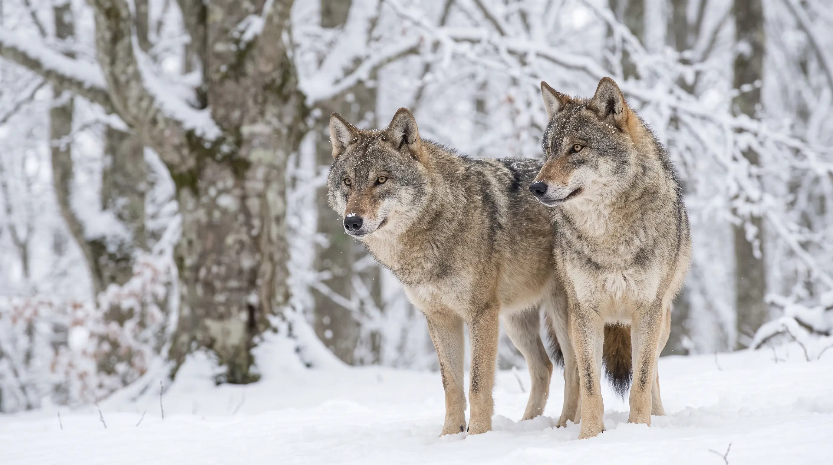 A pair of Apennine wolves close together in a snowy beech forest clearing