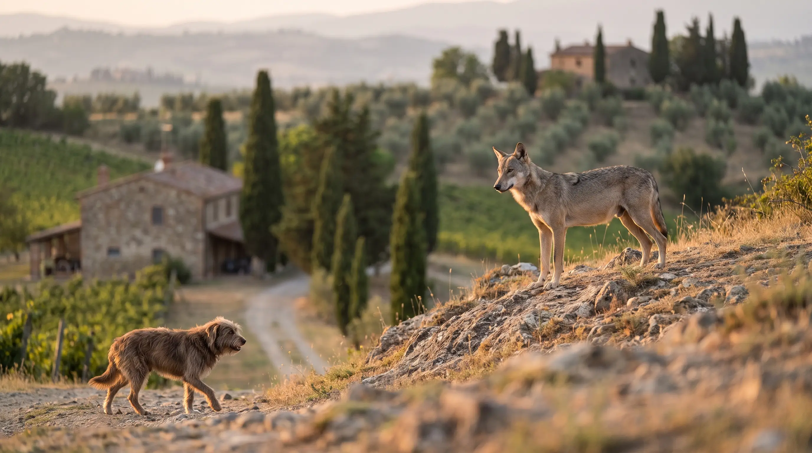 An Apennine wolf and a free-roaming domestic dog shown in the same rural landscape, illustrating the hybridisation problem