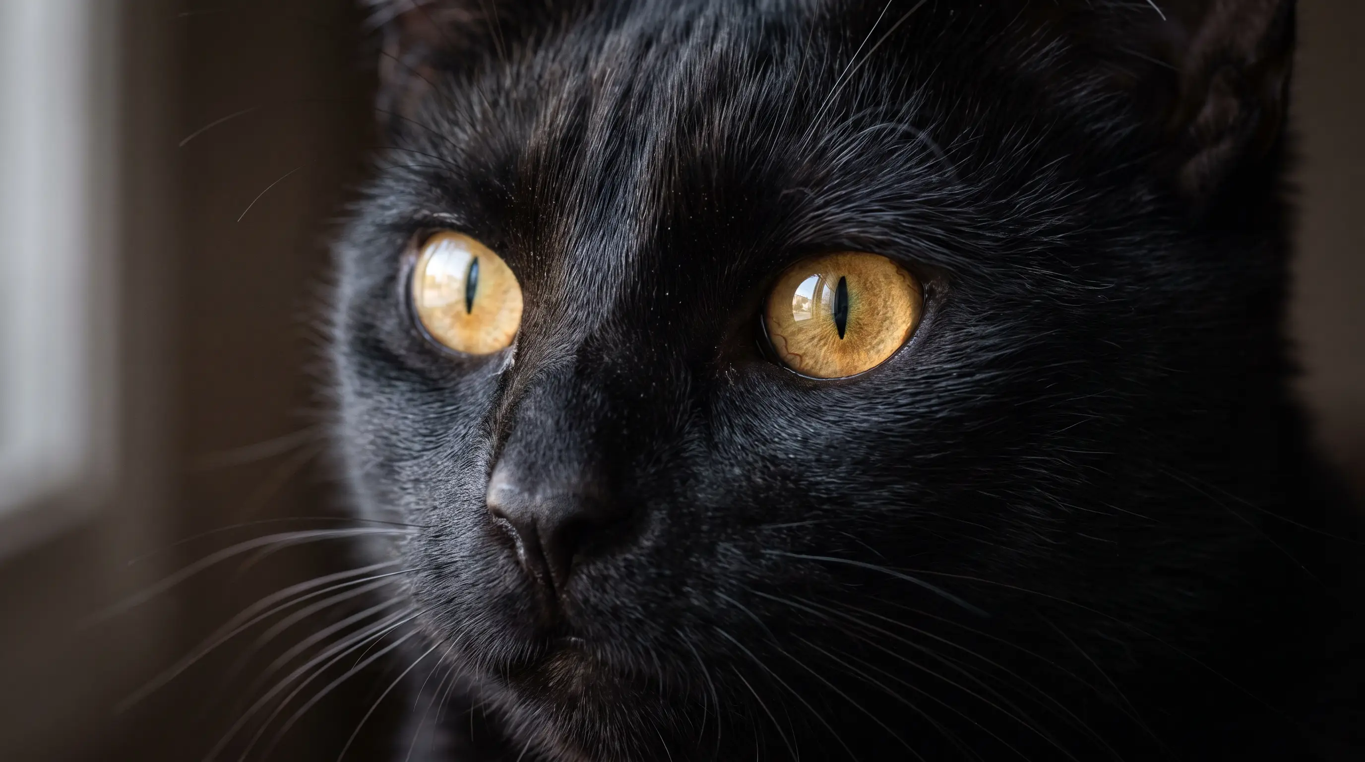 Close-up of a black cat's face showing golden eyes and glossy dark fur