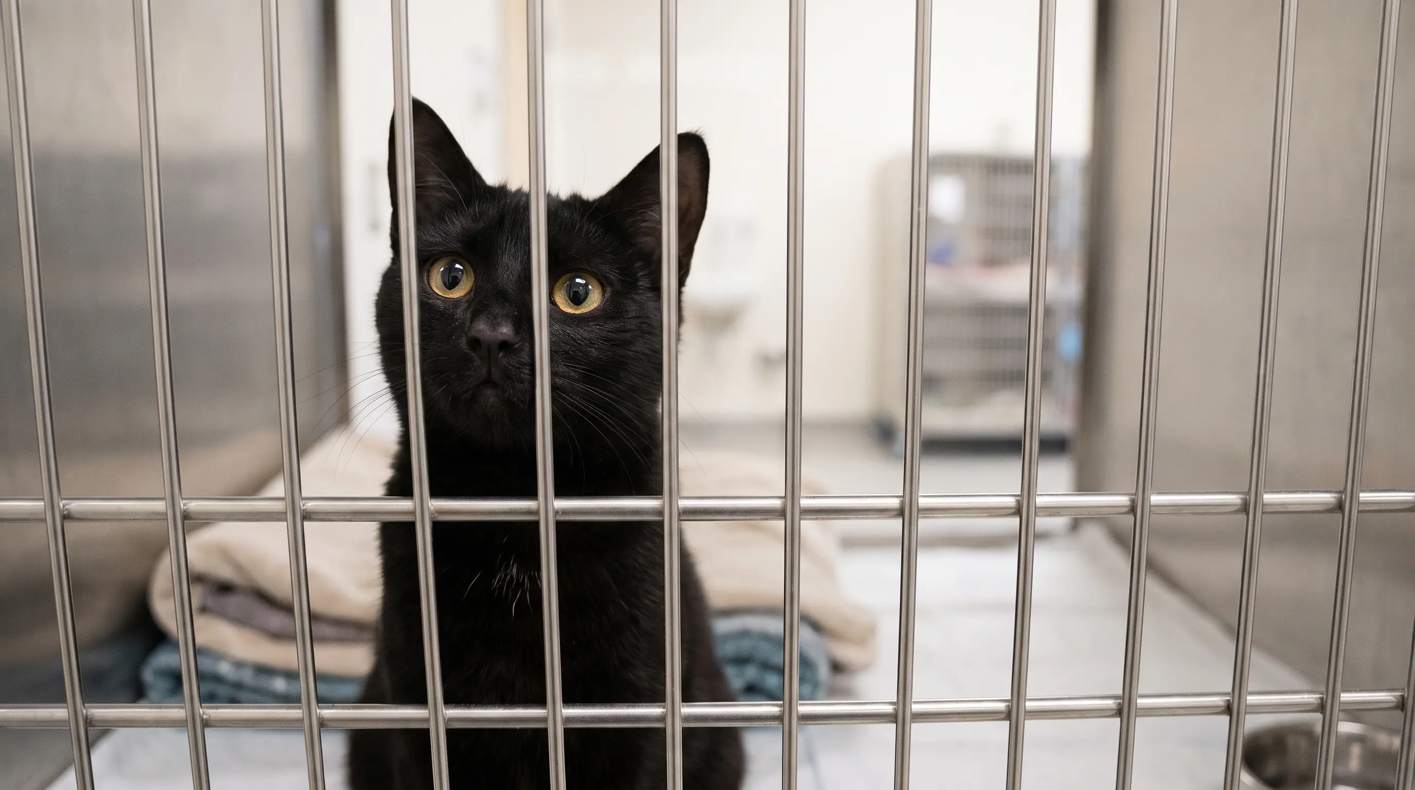 Black cat looking out from a shelter enclosure