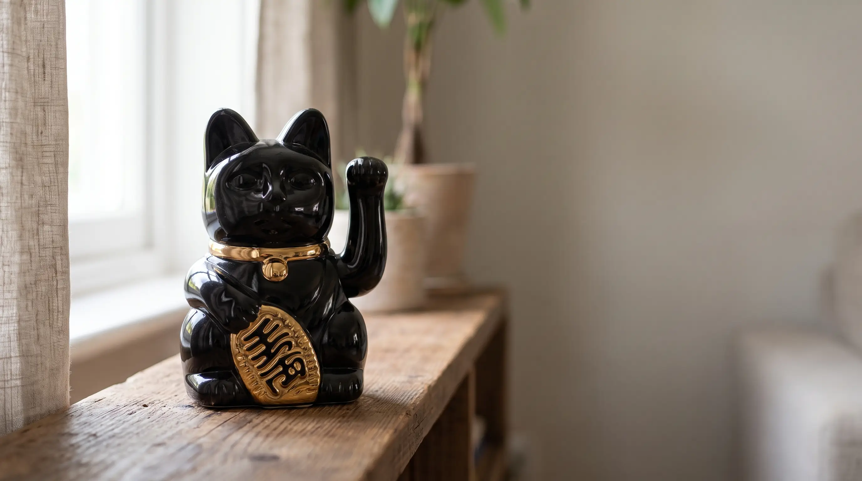 Black maneki-neko beckoning cat figurine on a wooden shelf