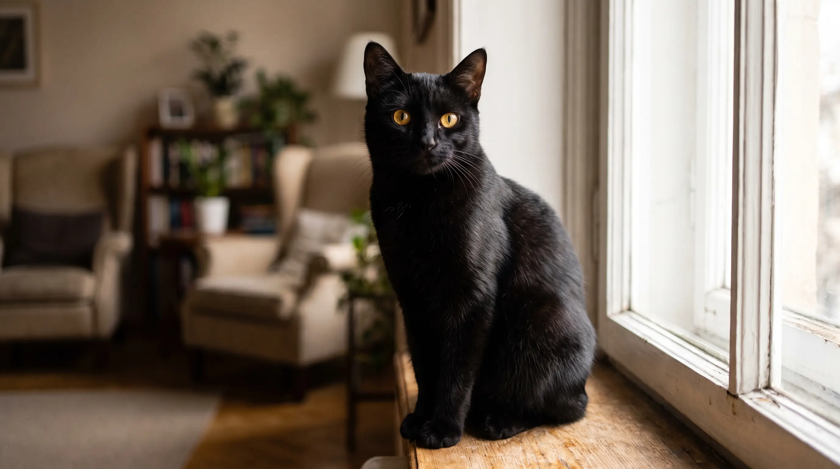 Sleek solid-black cat with amber eyes sitting upright against a soft dark background