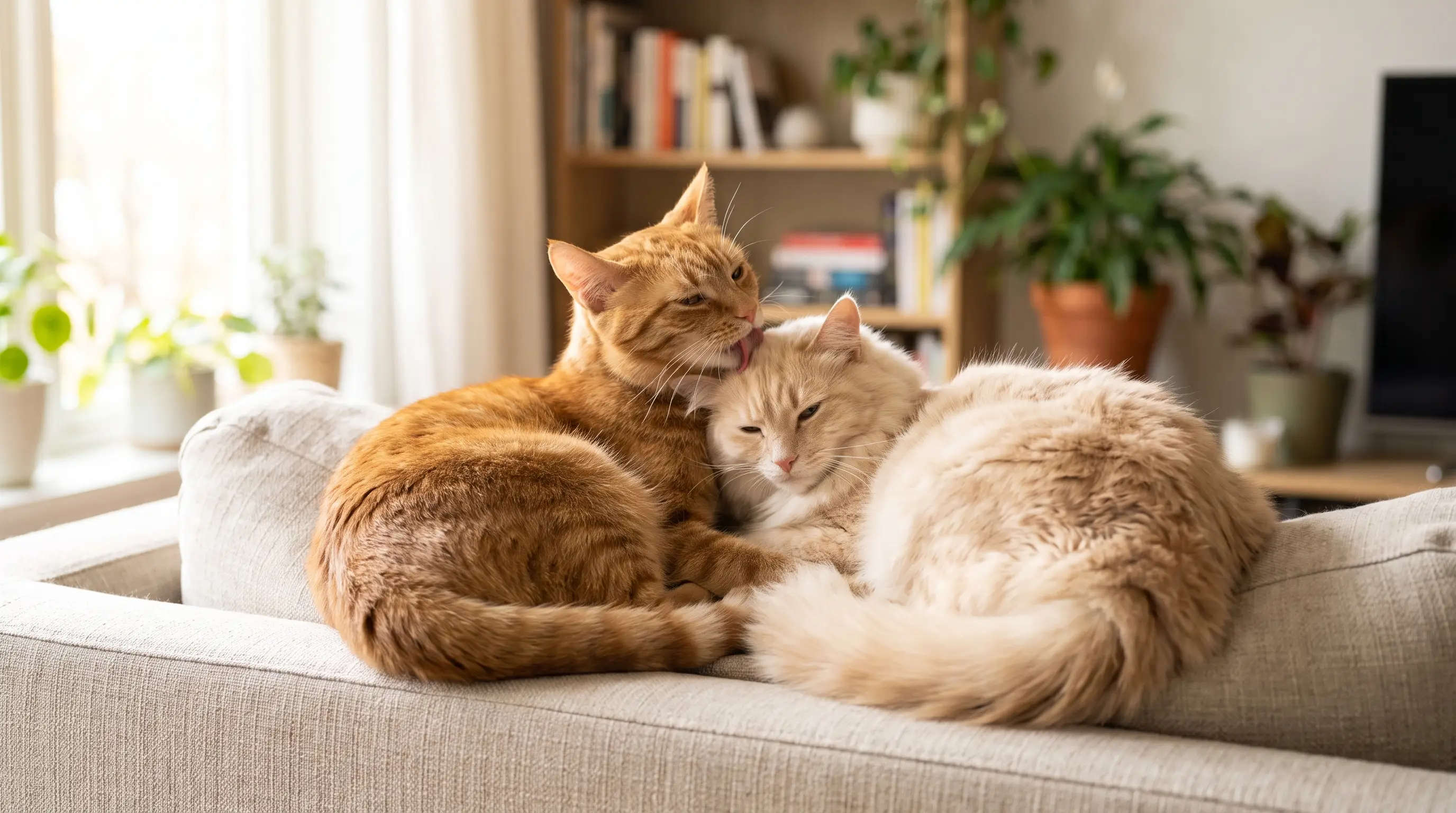 Zwei Katzen, die sich auf einem Sofa gegenseitig putzen und aneinanderkuscheln