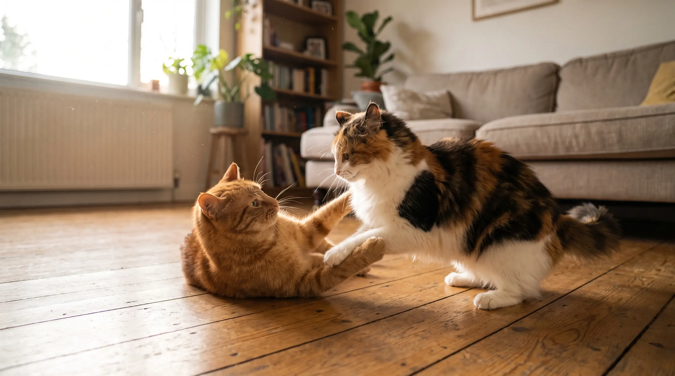 Two cats moving calmly around the same room, keeping an easy distance from each other
