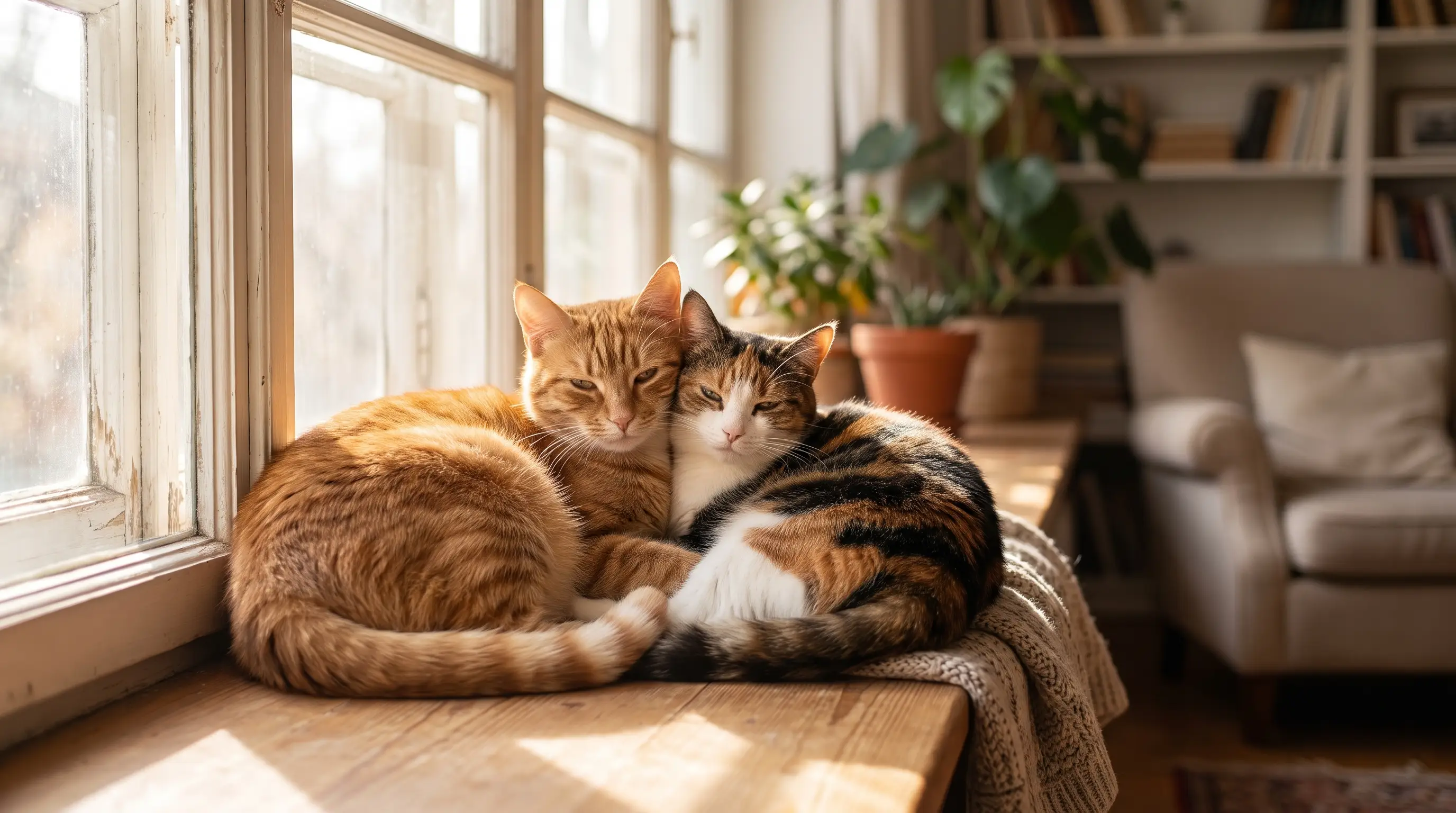 Ein Katzenpaar, das zu Hause nebeneinander auf einer Fensterbank entspannt