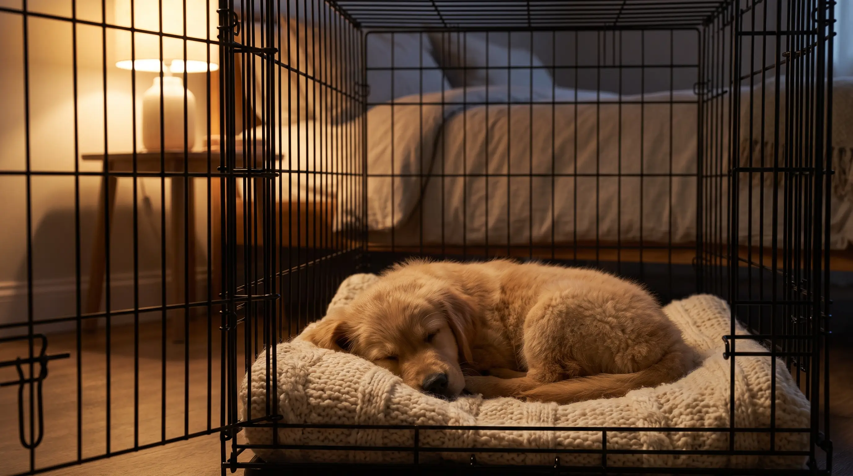 Un cachorro dormido en un transportín abierto junto a una cama por la noche