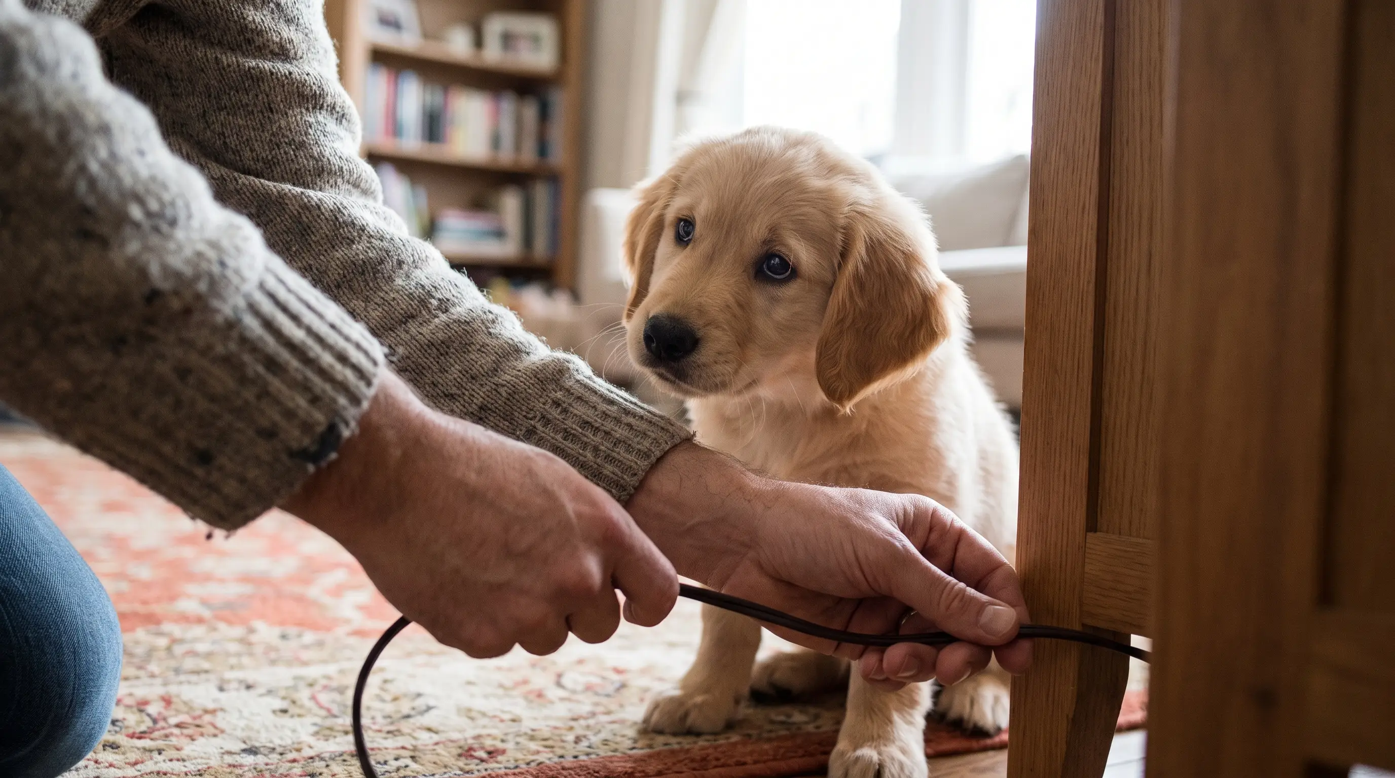 Unas manos fijando un cable eléctrico a ras del suelo mientras un cachorro pequeño observa