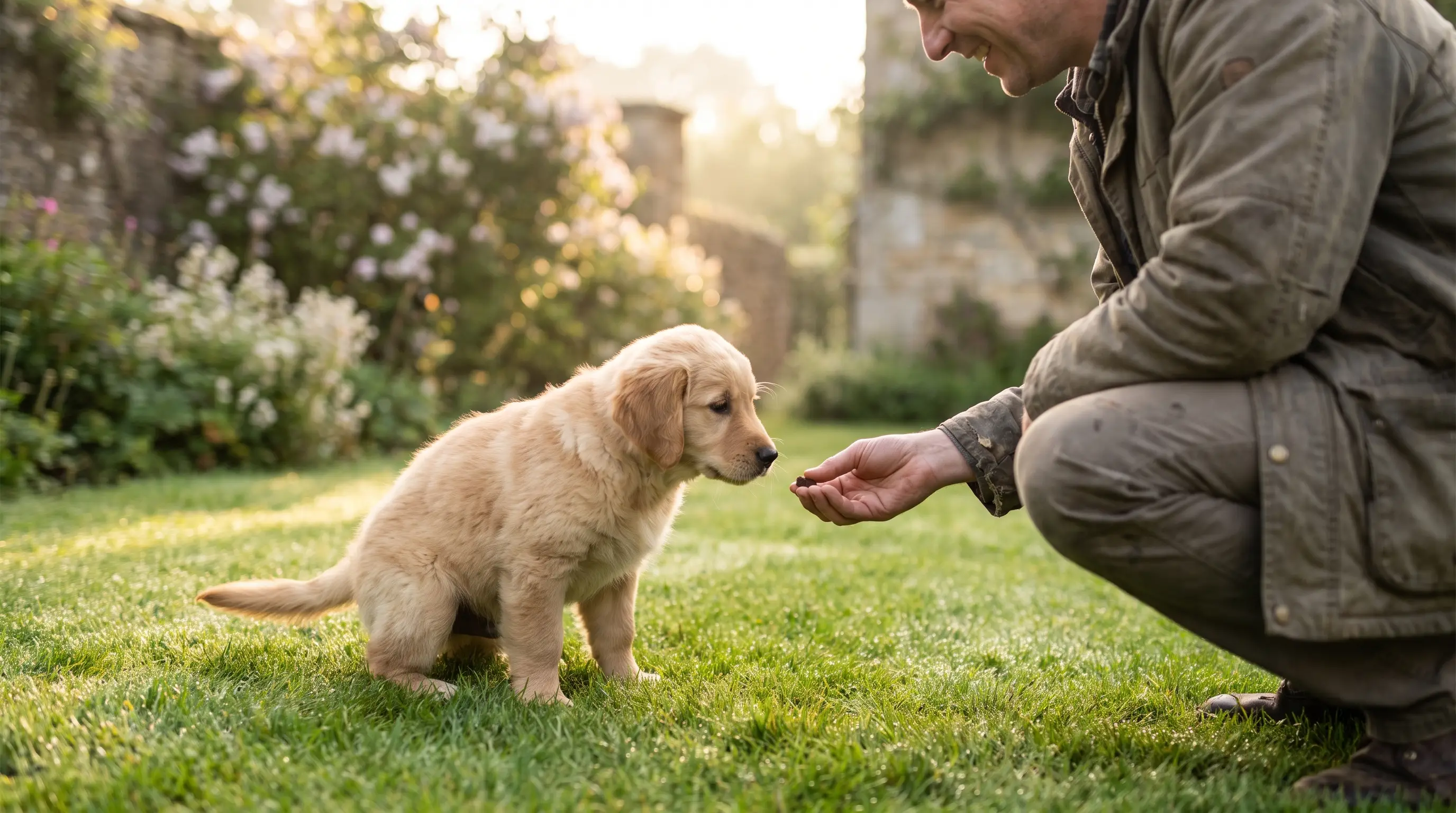 A puppy on grass in a garden being rewarded by its owner during a toilet break