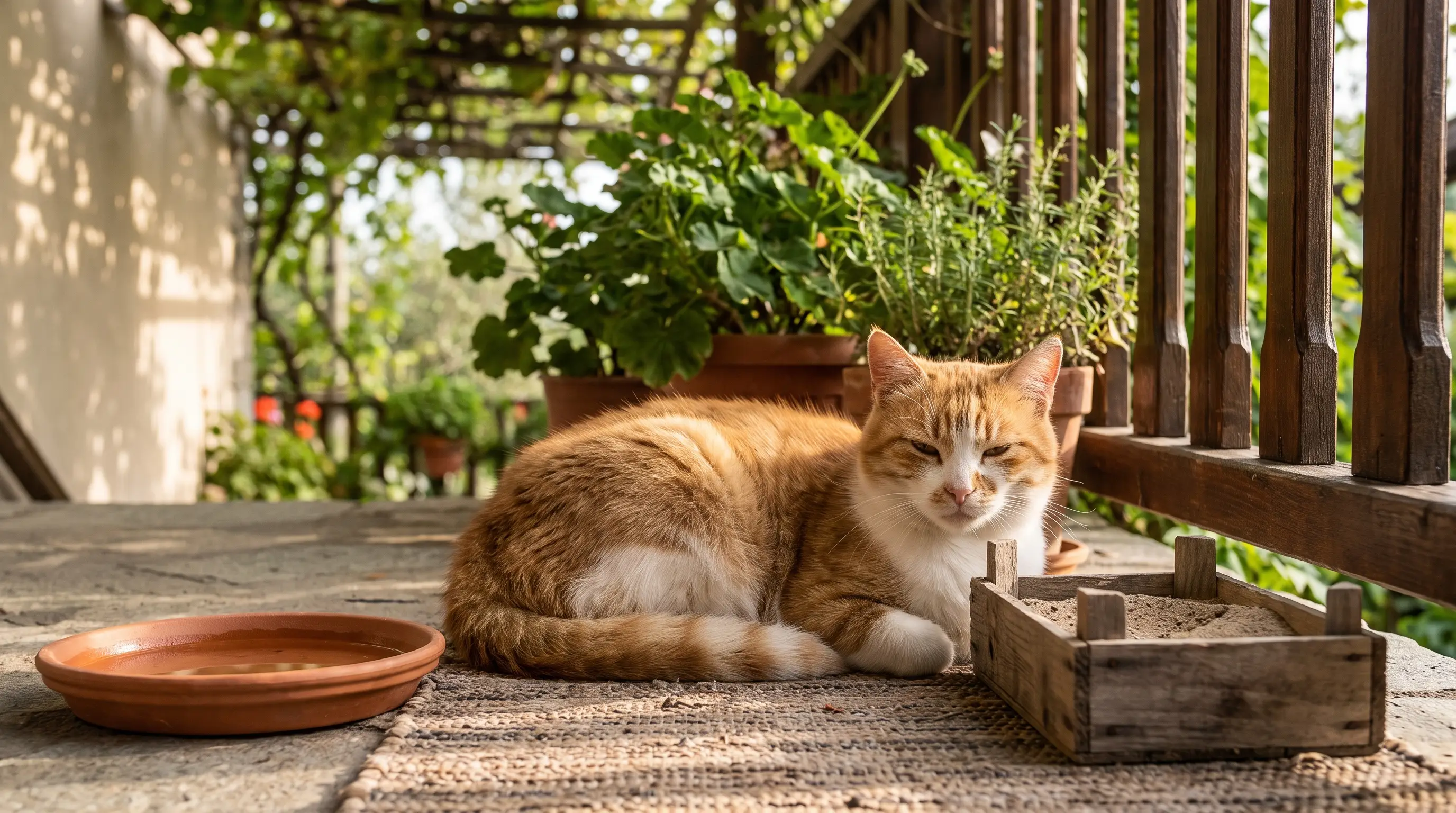 Eine Katze räkelt sich auf einem schattigen Balkon neben einer flachen Wasserschale und einer Kiste Sand, die Sonne auf dem Rücken