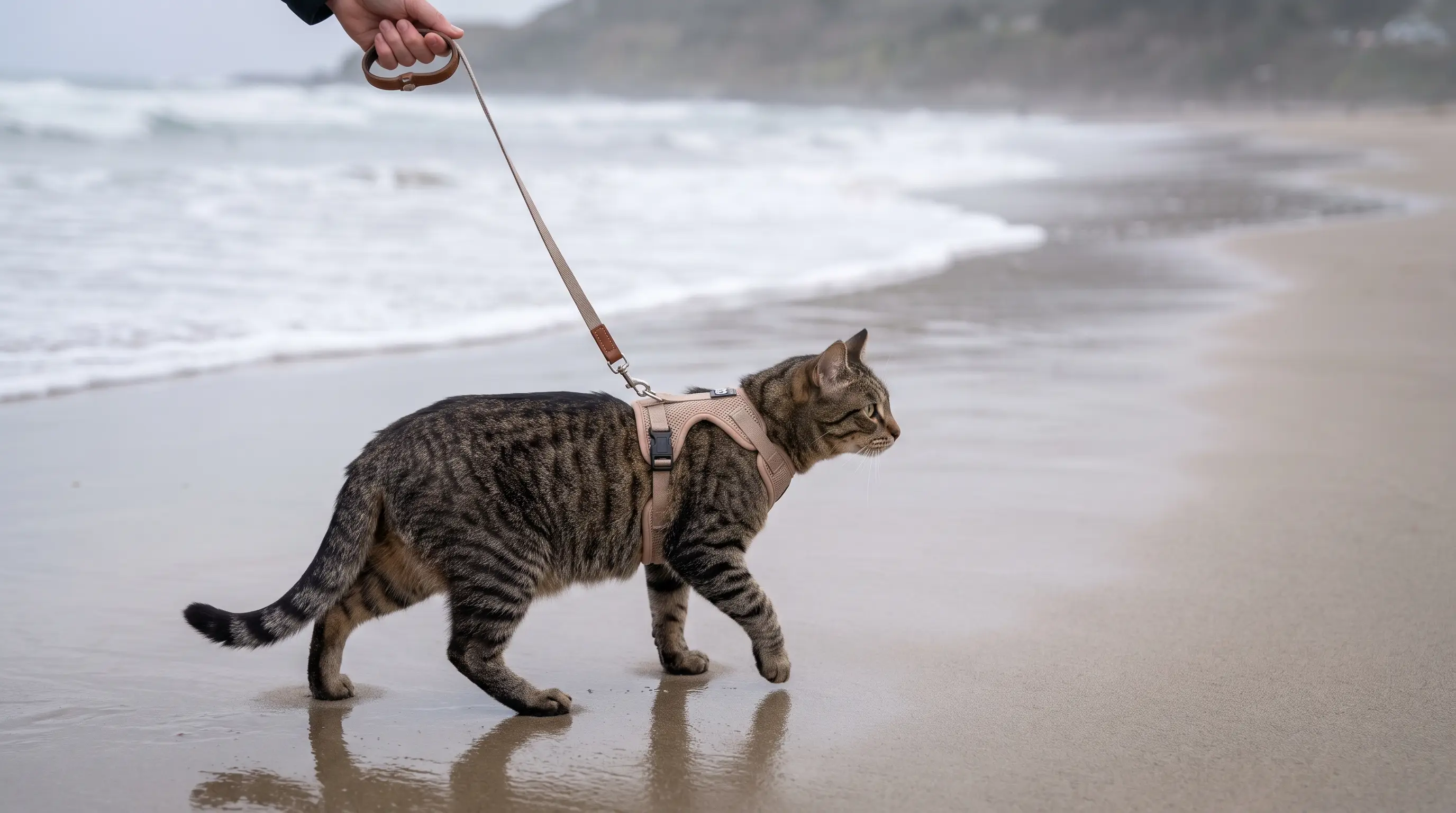 Primo piano di una pettorina a H per gatti indossata da un gatto tranquillo, con un guinzaglio leggero agganciato