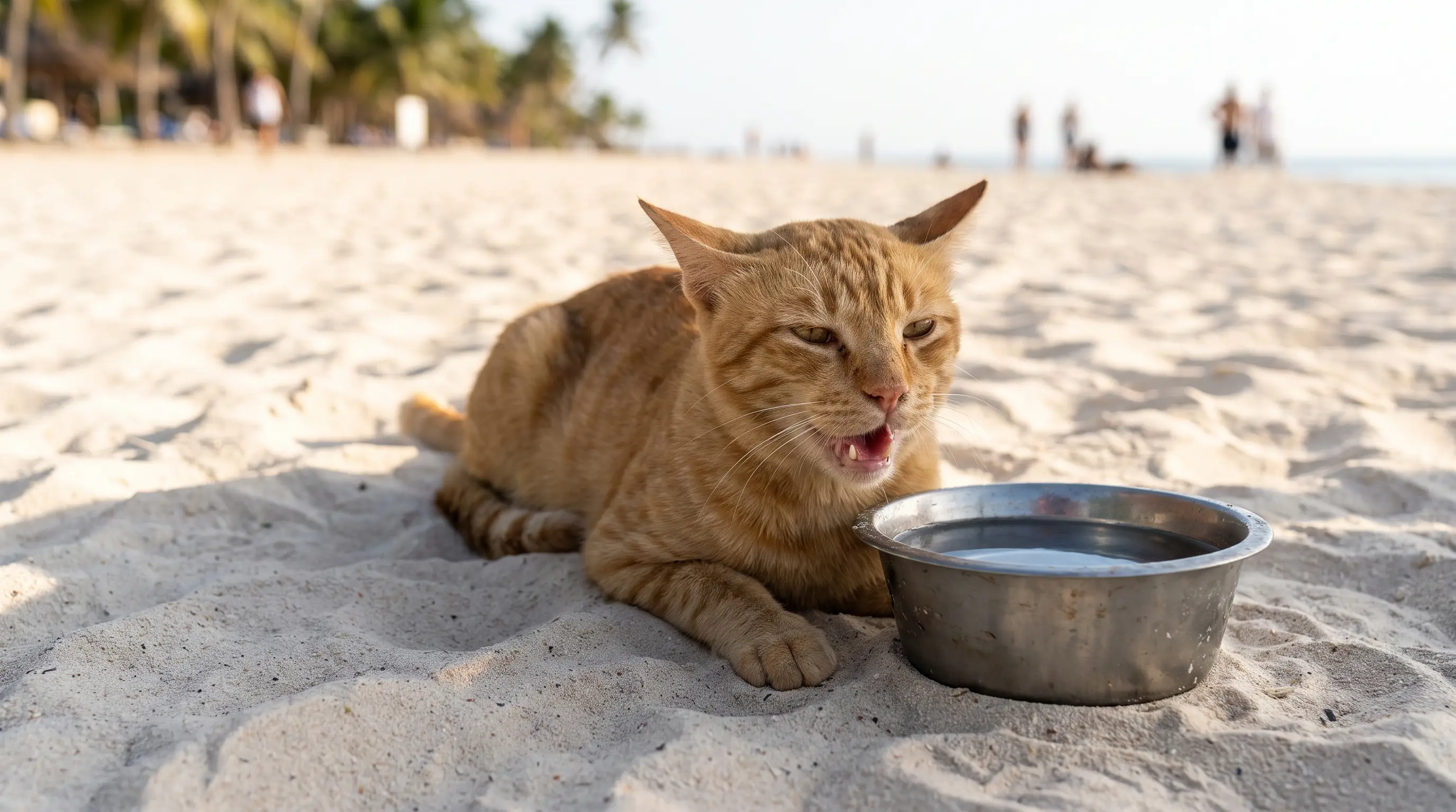 Eine Katze hechelt im Schatten auf heißem, hellem Sand neben einem Napf Wasser, die Ohren in der Hitze angelegt