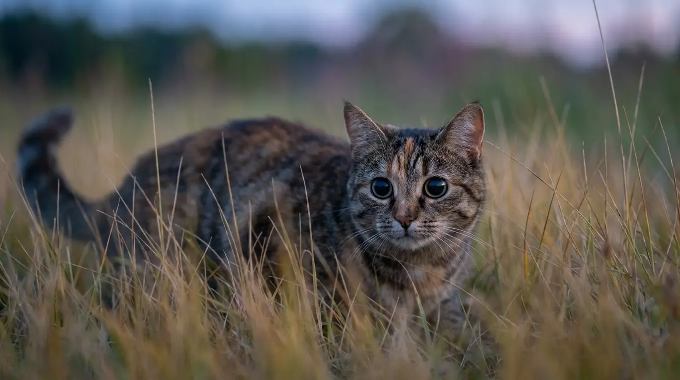 A cat crouched low in tall grass at dusk, alert and watching, blue twilight light