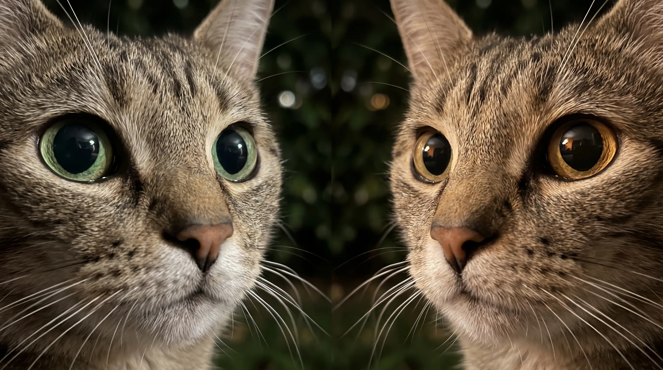 Two cats side by side at night, one with green eyeshine and one with gold-amber eyeshine