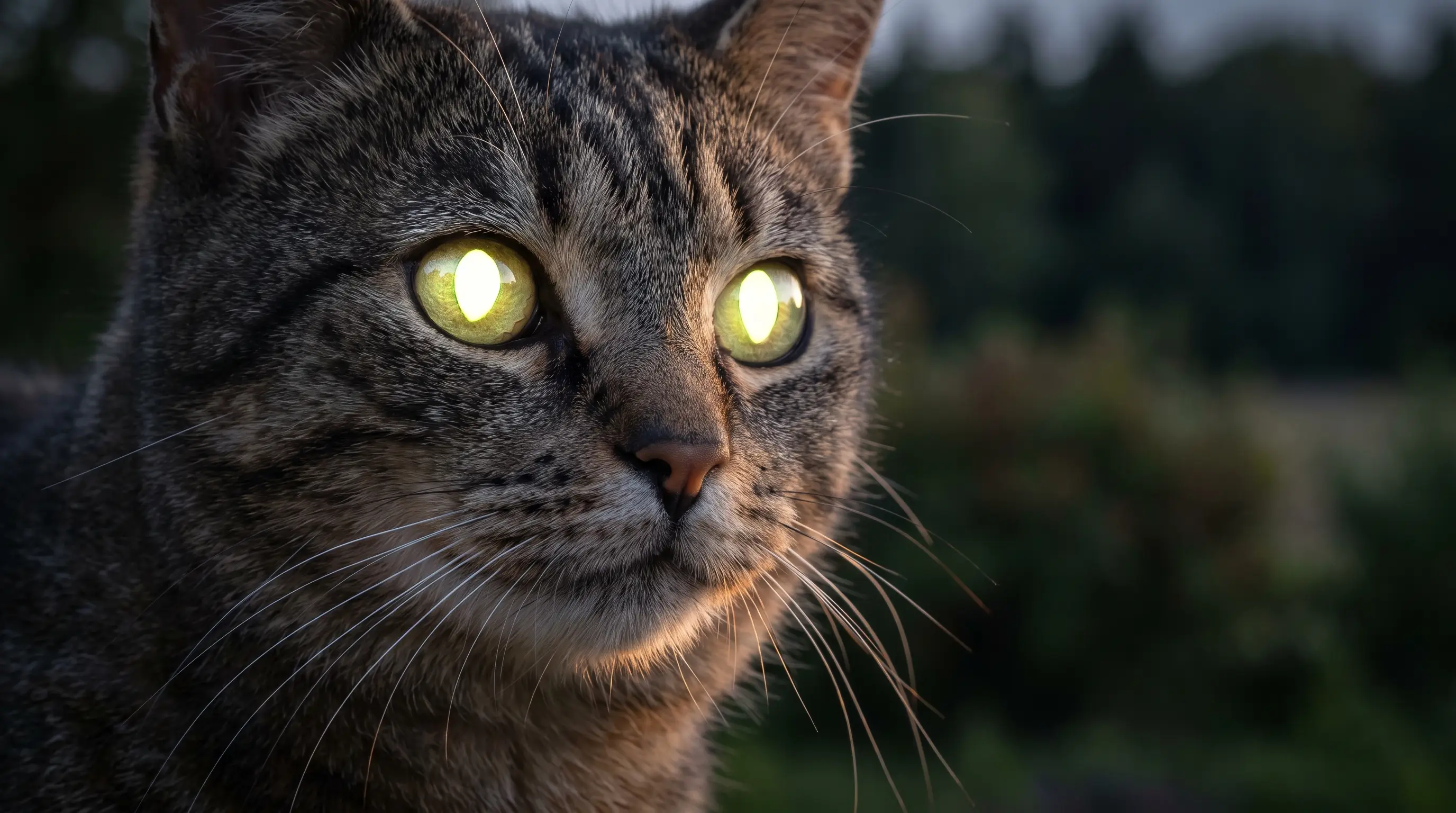 Close-up of a tabby cat at night with both eyes glowing bright green from reflected light