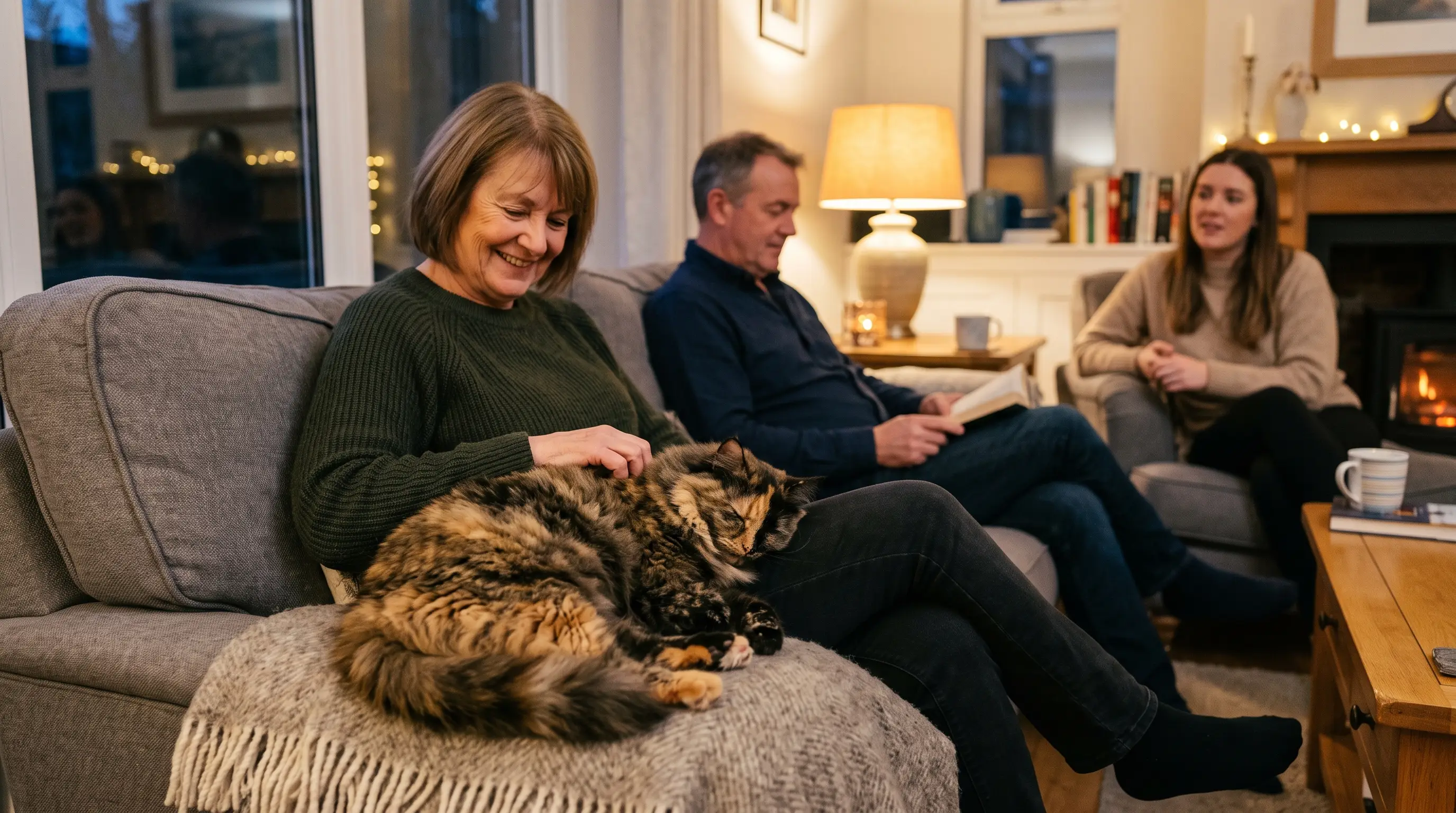 Tortoiseshell cat curled up asleep on one person's lap while two other people share the same sofa