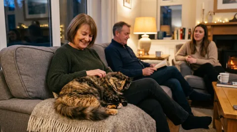 Tortoiseshell cat curled up asleep on one person's lap while two other people share the same sofa