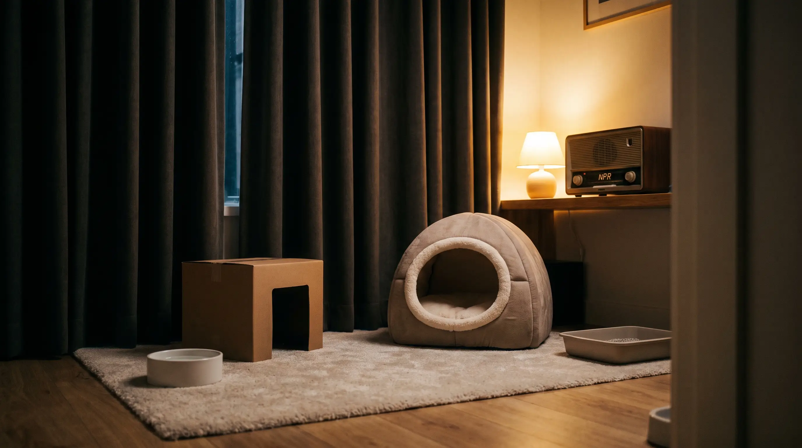 Una stanza tranquilla preparata per un gatto con una cuccia coperta, una scatola di cartone in cui nascondersi, acqua e lettiera, e le tende tirate del tutto