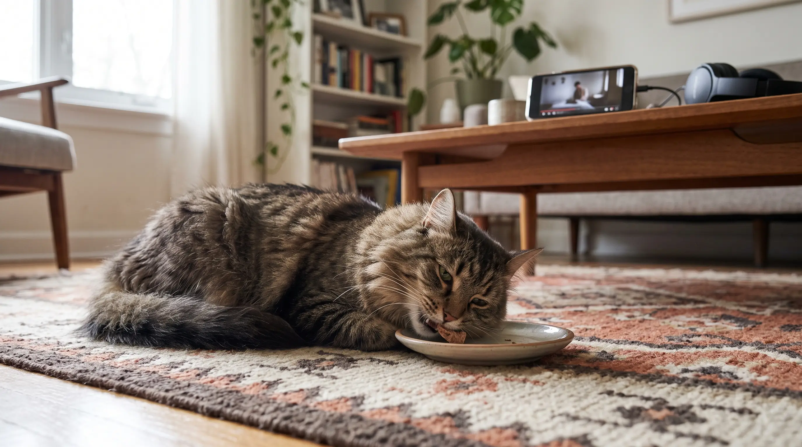 Un gatto tranquillo mangia un premietto sul tappeto mentre un telefono lì vicino riproduce un suono a basso volume