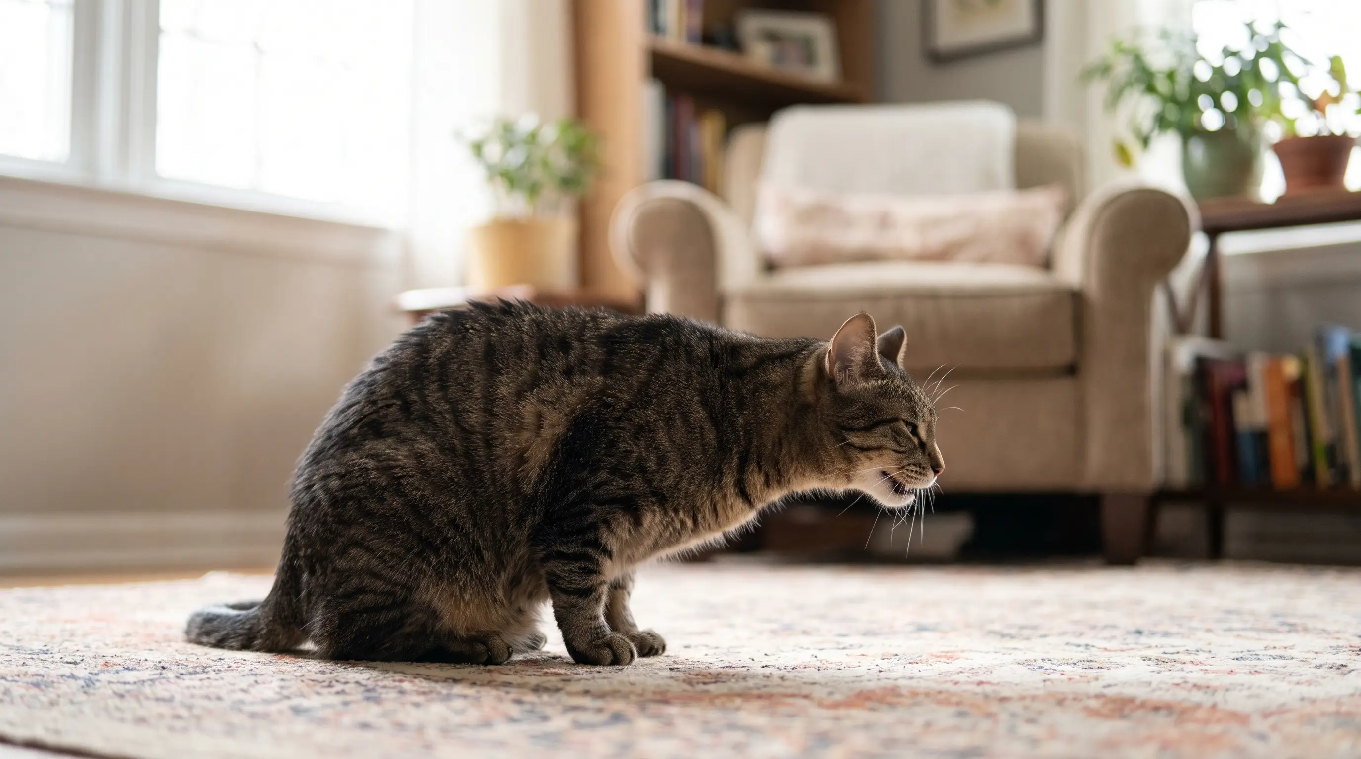 A cat crouched low with neck extended in a coughing posture on a wood floor