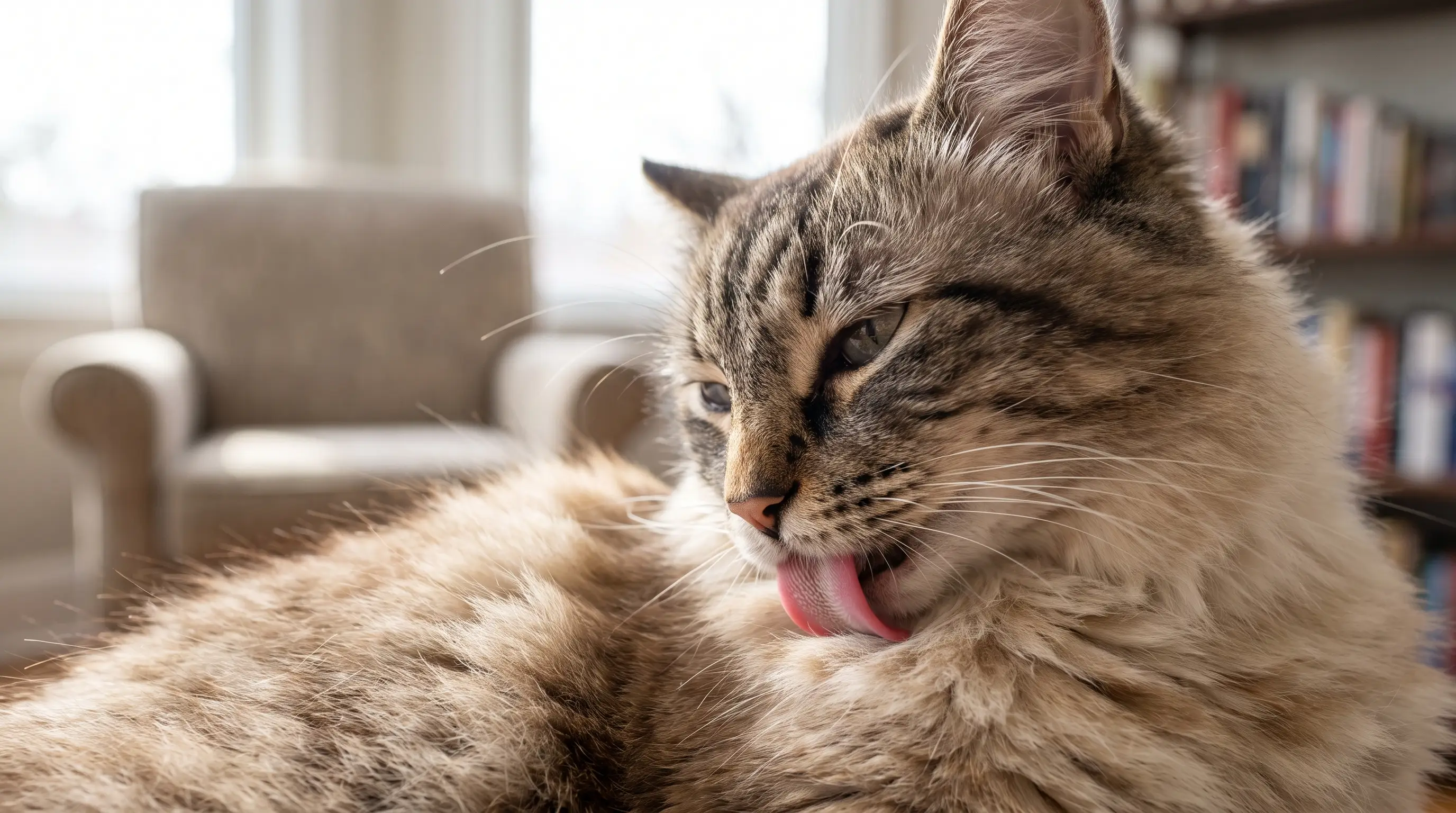 A cat mid-groom, licking its shoulder with its tongue visible