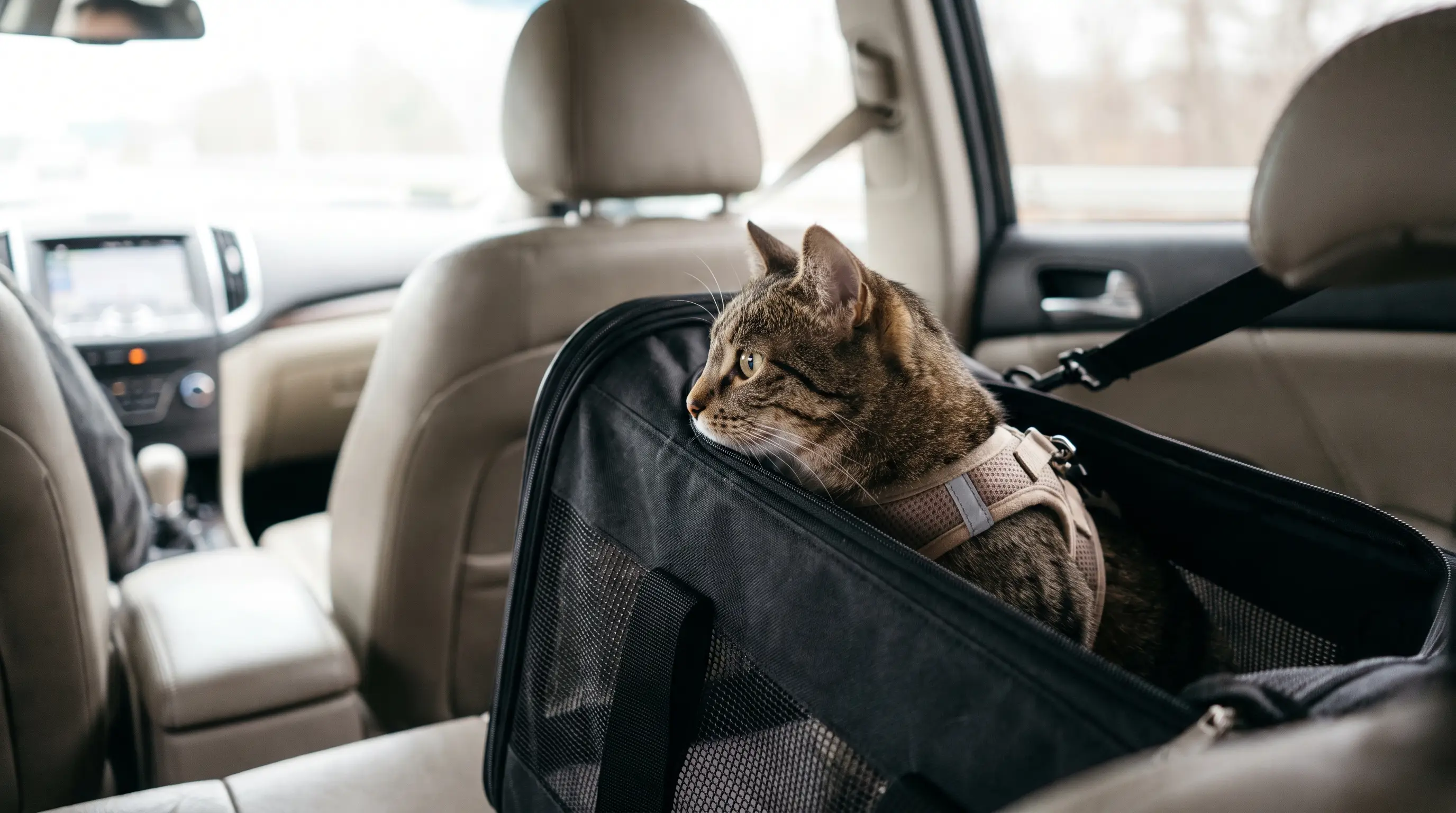A cat wearing a harness looking out of a car window from inside a secured travel carrier