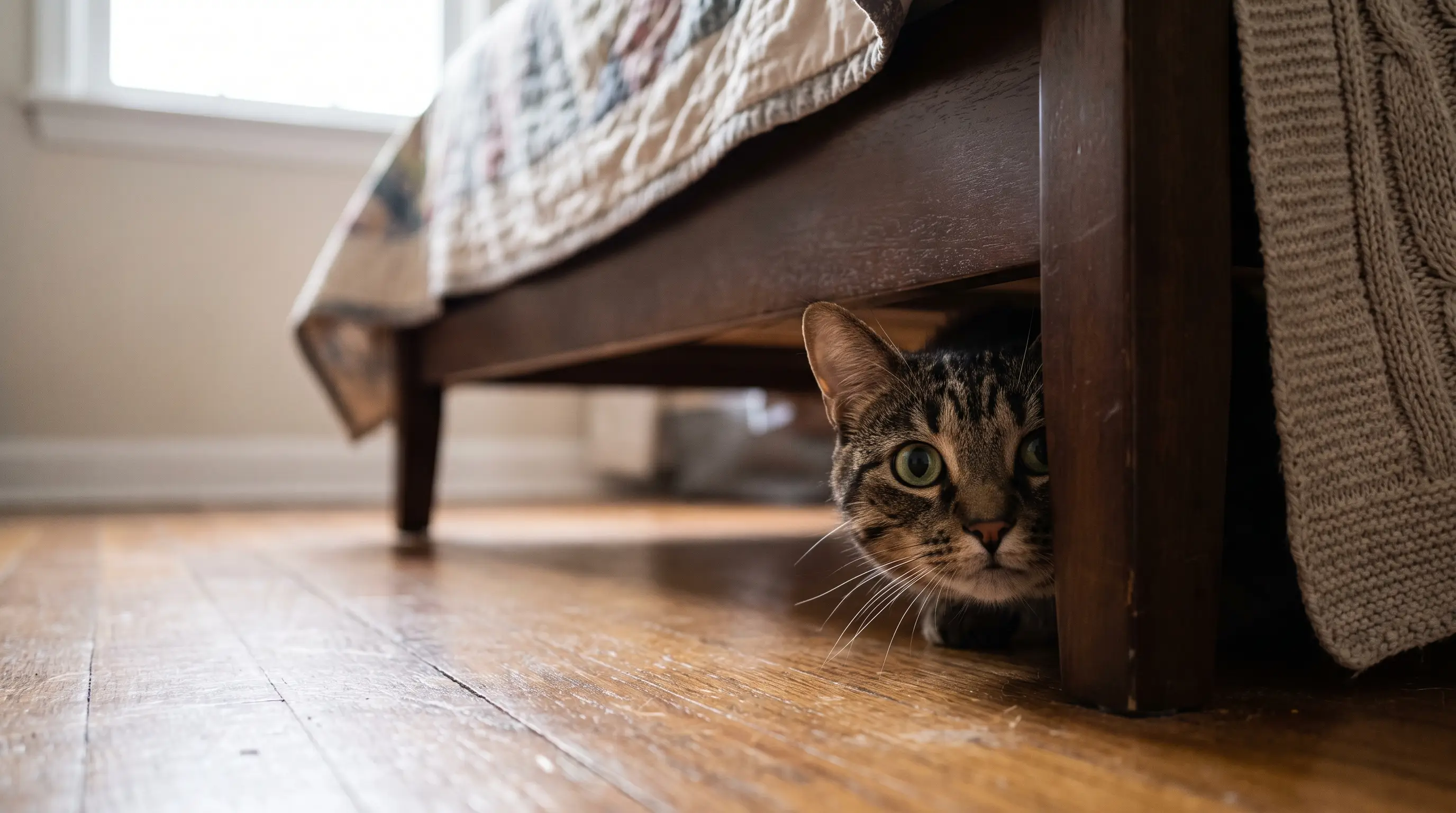 A cat hiding under a bed with only its face visible in the shadow