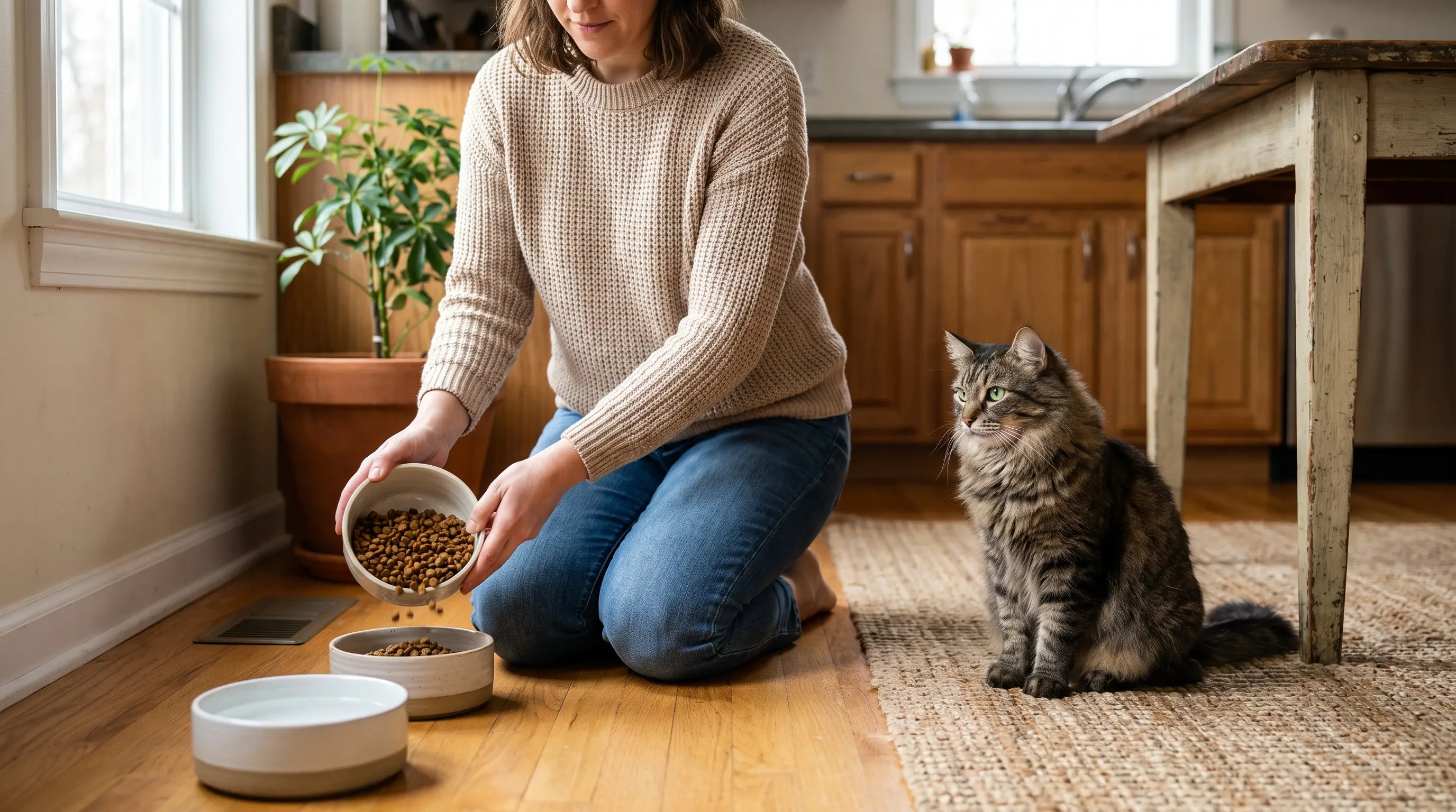 A pet sitter kneeling on a kitchen floor refilling a cat's food and water bowls while the cat watches