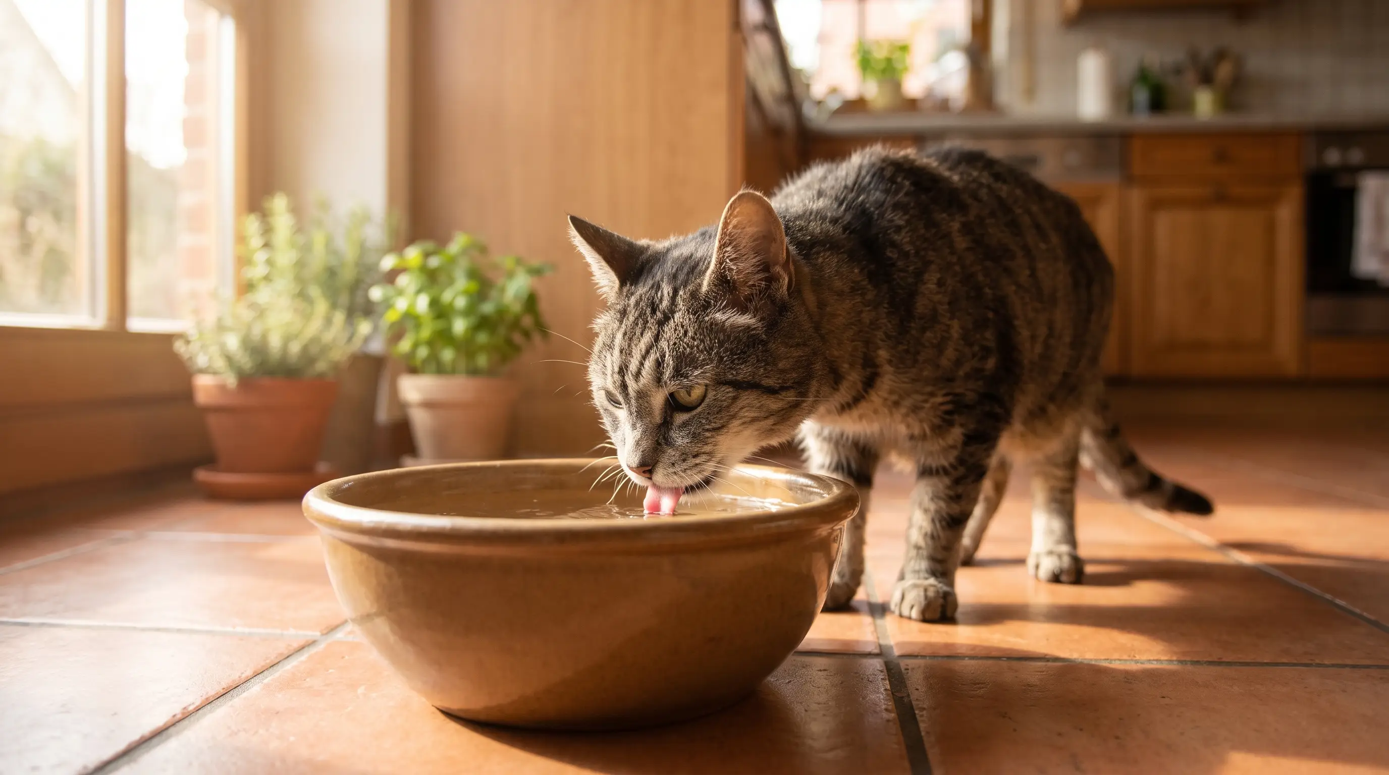 An elderly tabby cat with a grey muzzle drinking from a wide ceramic water bowl on a kitchen floor in morning light