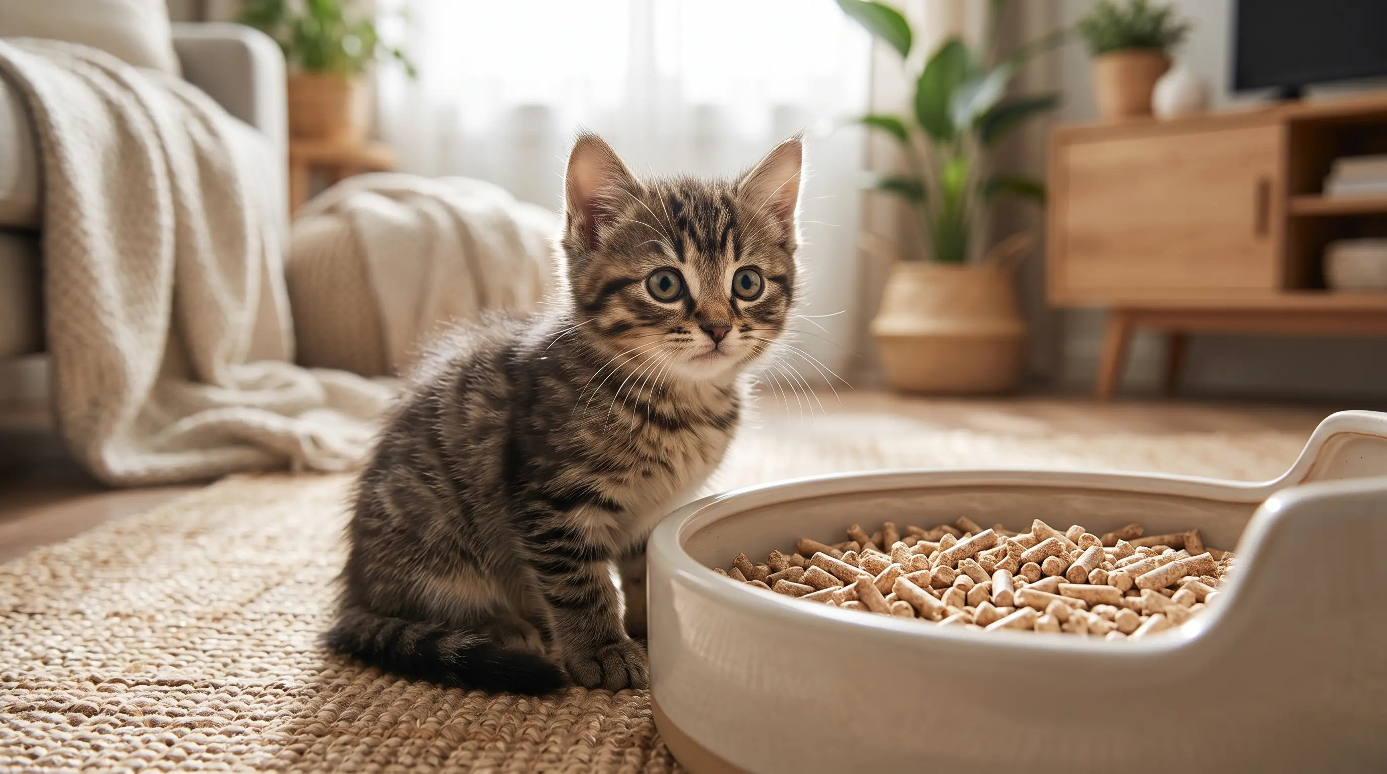 A young kitten sitting beside a low-sided open litter box.