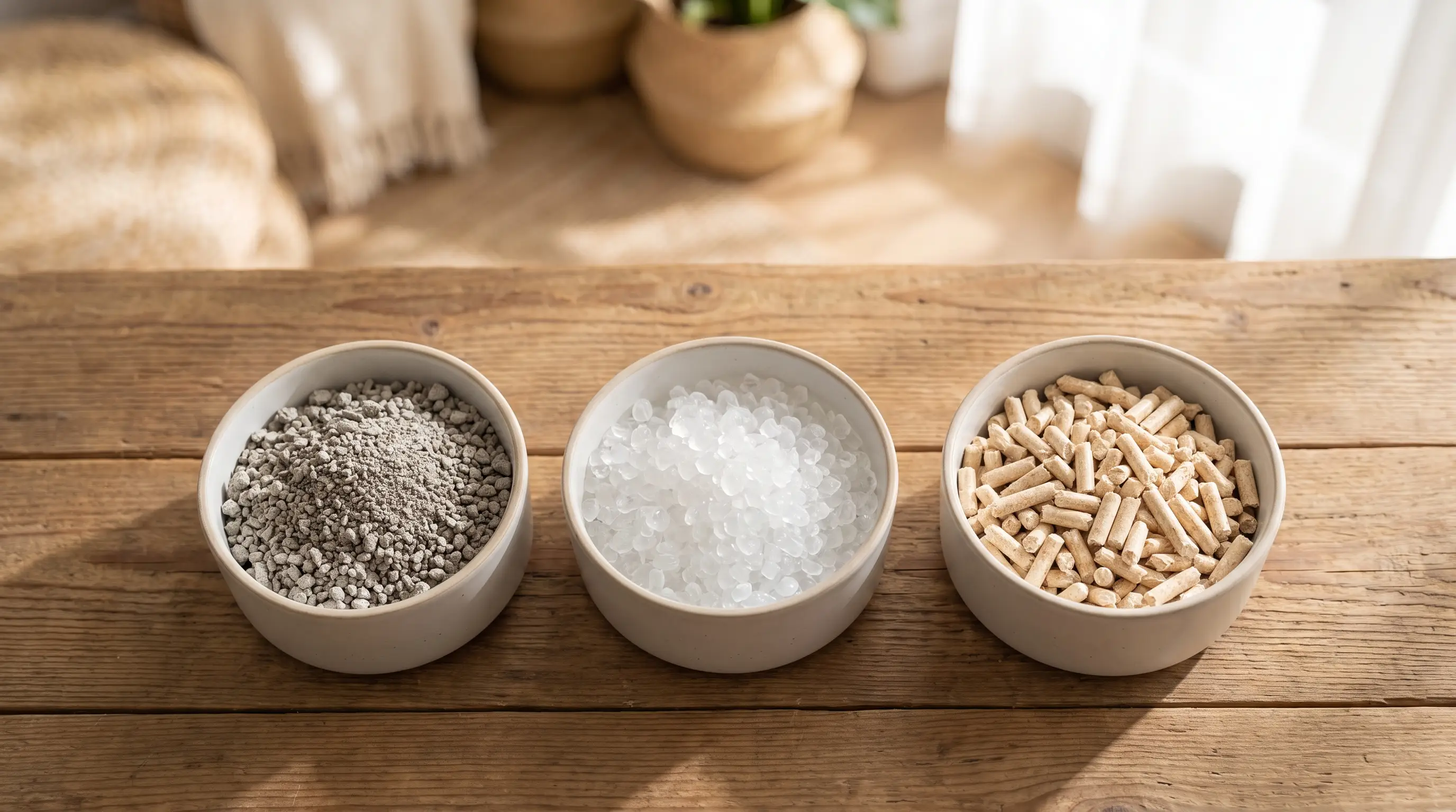 Three types of cat litter side by side: clumping clay, silica crystals, and wood pellets.