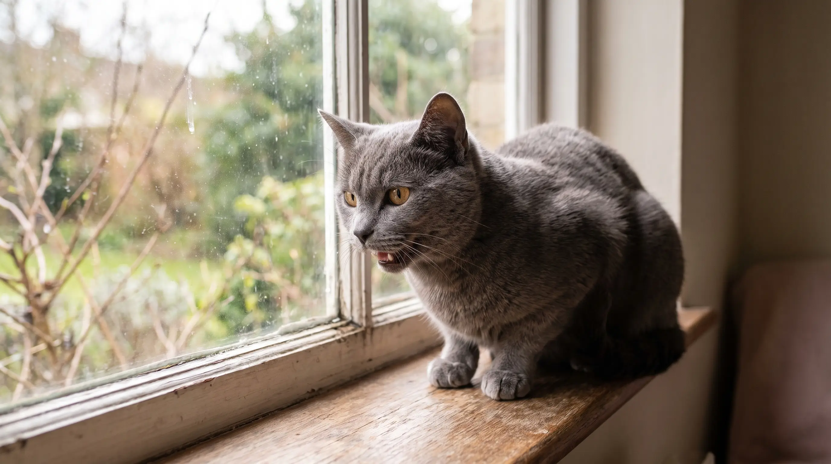 A grey cat crouched at a window chattering at birds outside, jaw quivering