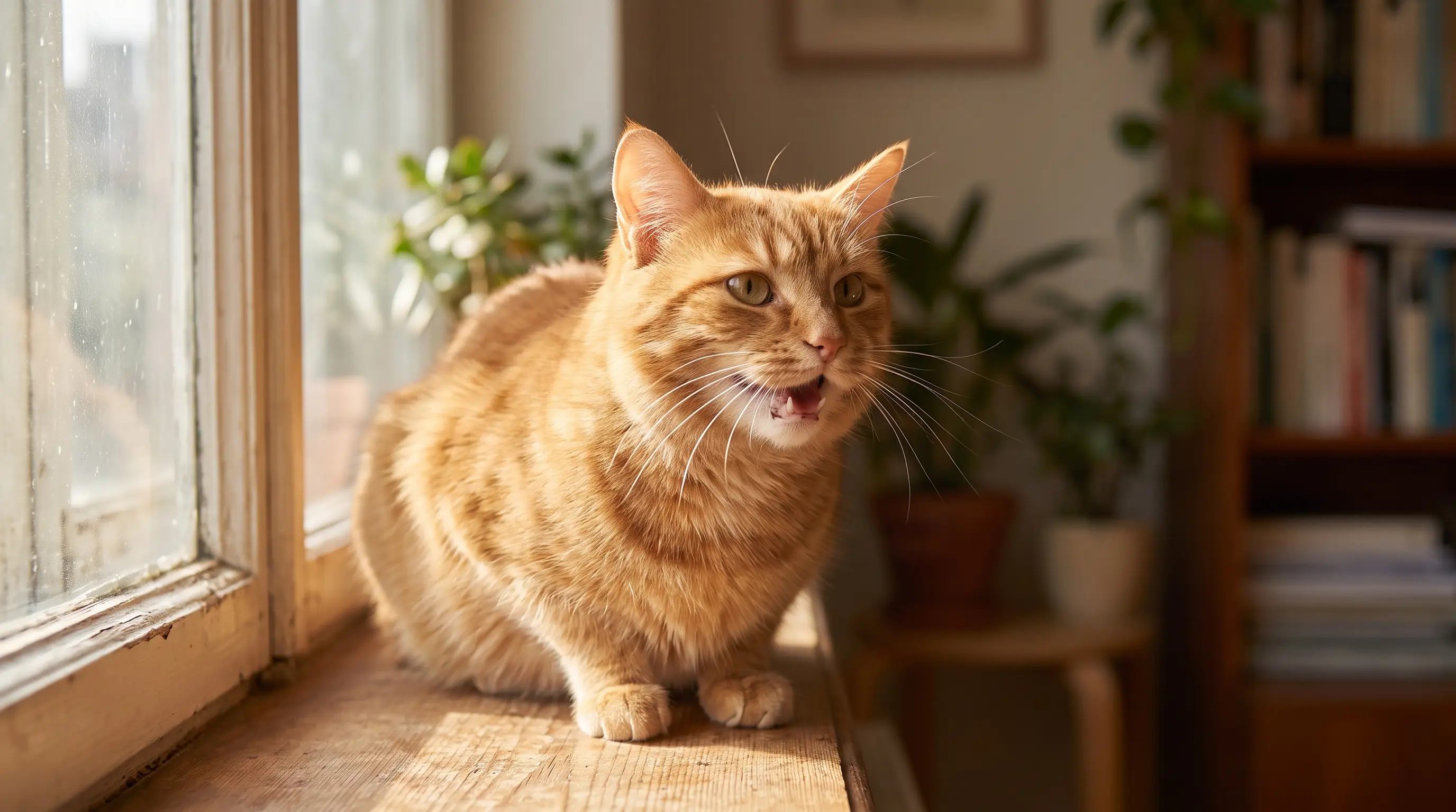 A ginger cat mid-meow on a windowsill, mouth open in a short call