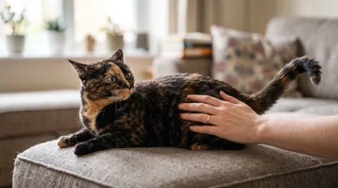 Tortoiseshell cat on a sofa turning its head back toward a petting hand, ears rotated sideways, tail tip mid-flick