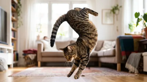 Tabby cat in mid-air twisting during a fall, front half rotated toward the ground, back half still turning
