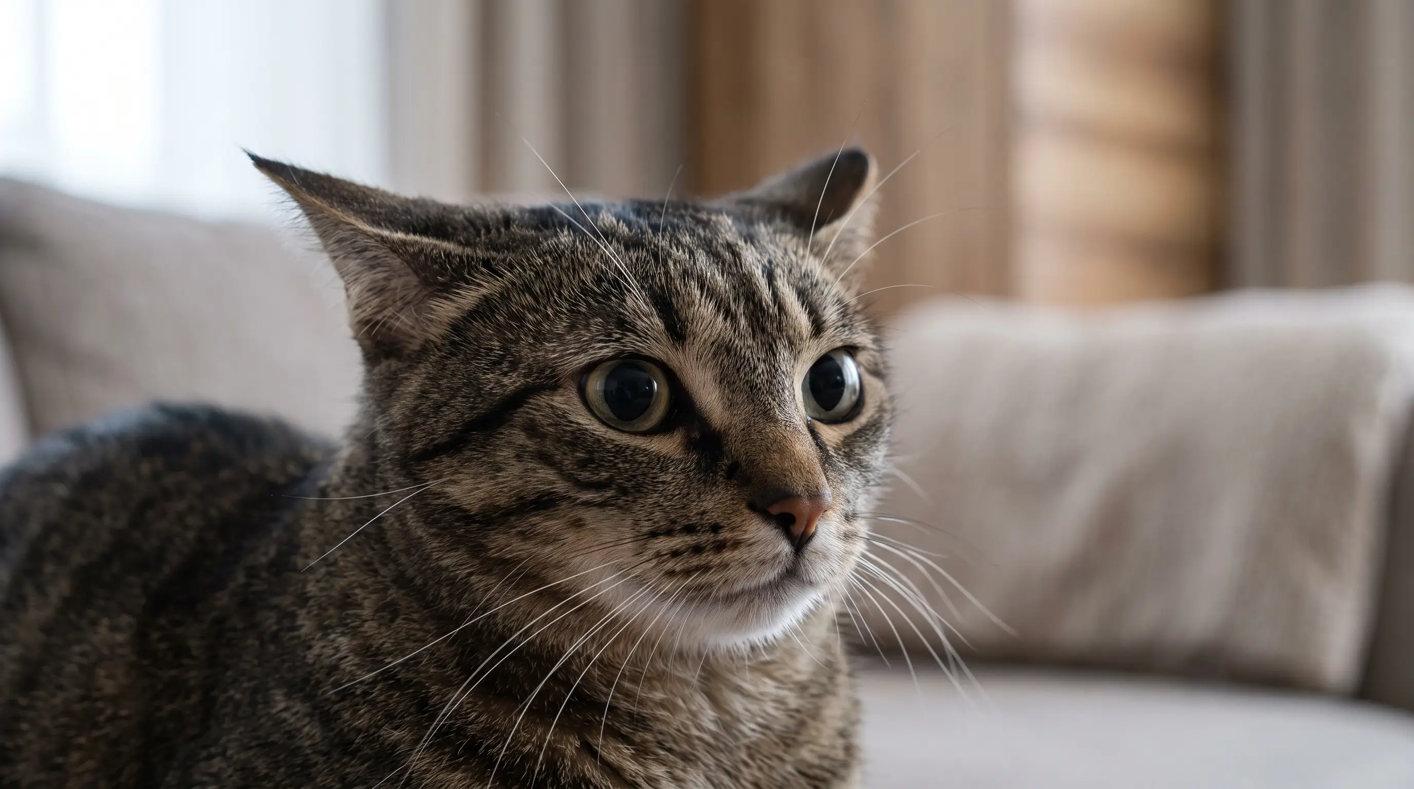 Close-up portrait of a cat with ears flattened sideways and wide dilated pupils