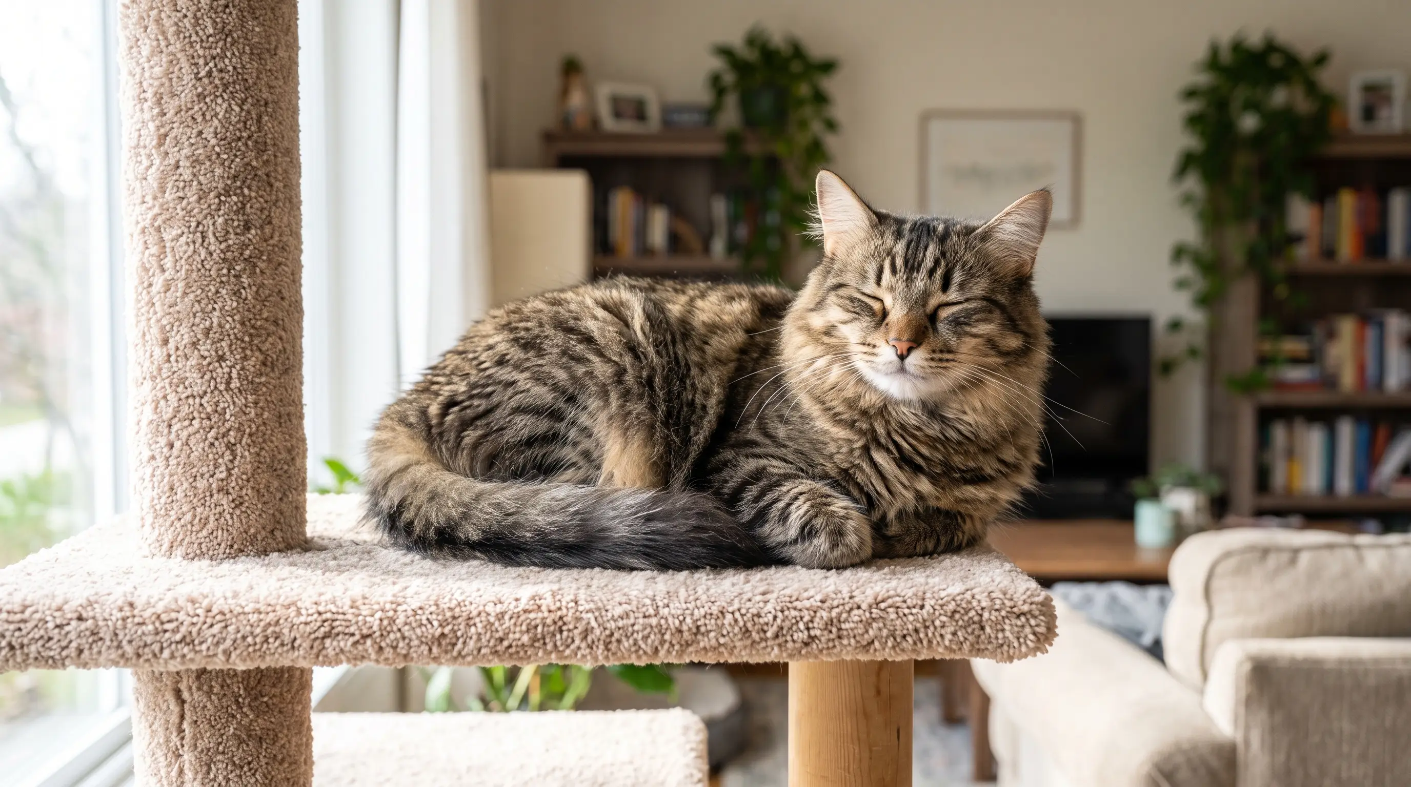 A cat stretching up to use a tall, sturdy scratching post covered in sisal rope