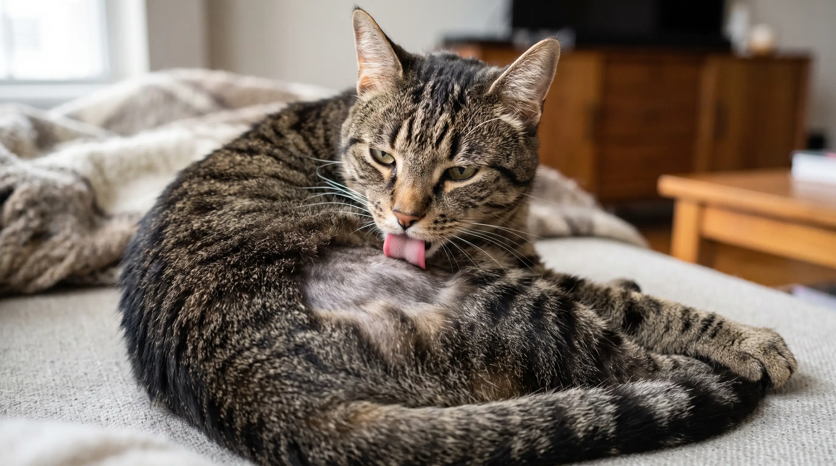 Close-up of a cat licking its belly with a patch of thin over-groomed fur