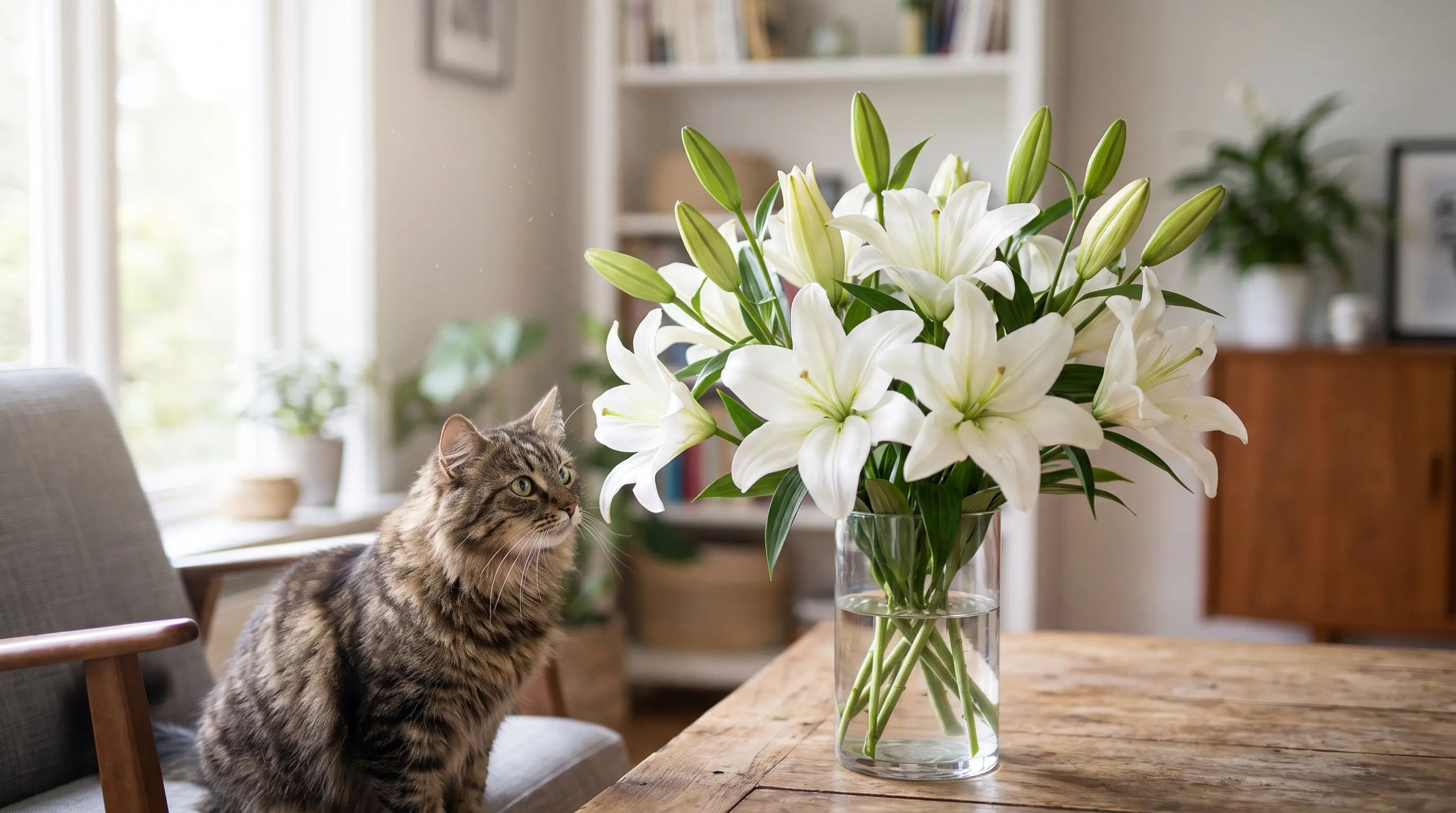 A bouquet of white lilies in a vase on a table with a cat sitting nearby