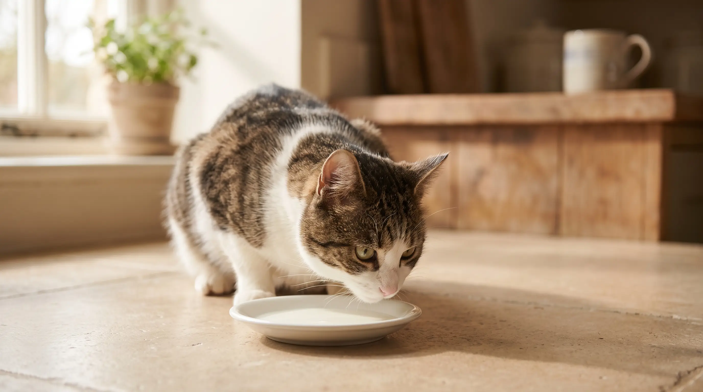 A cat looking at a shallow saucer of milk on a kitchen floor